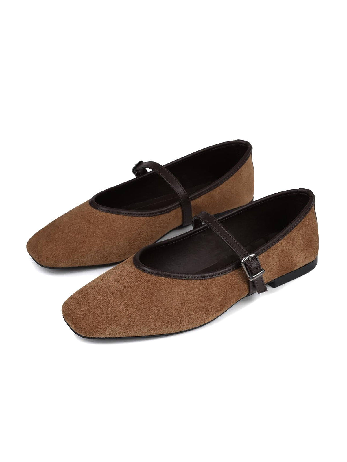 Tan Faux Suede Square-Toe Buckle Bridge Strap Classic Ballet Flats