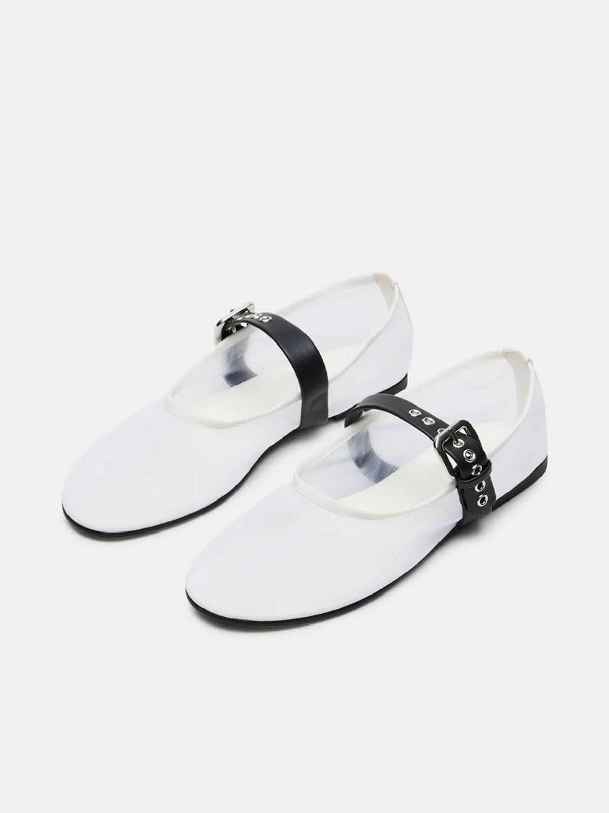 White Mesh Round-Toe Bridge Buckle Strap Ballet Flats