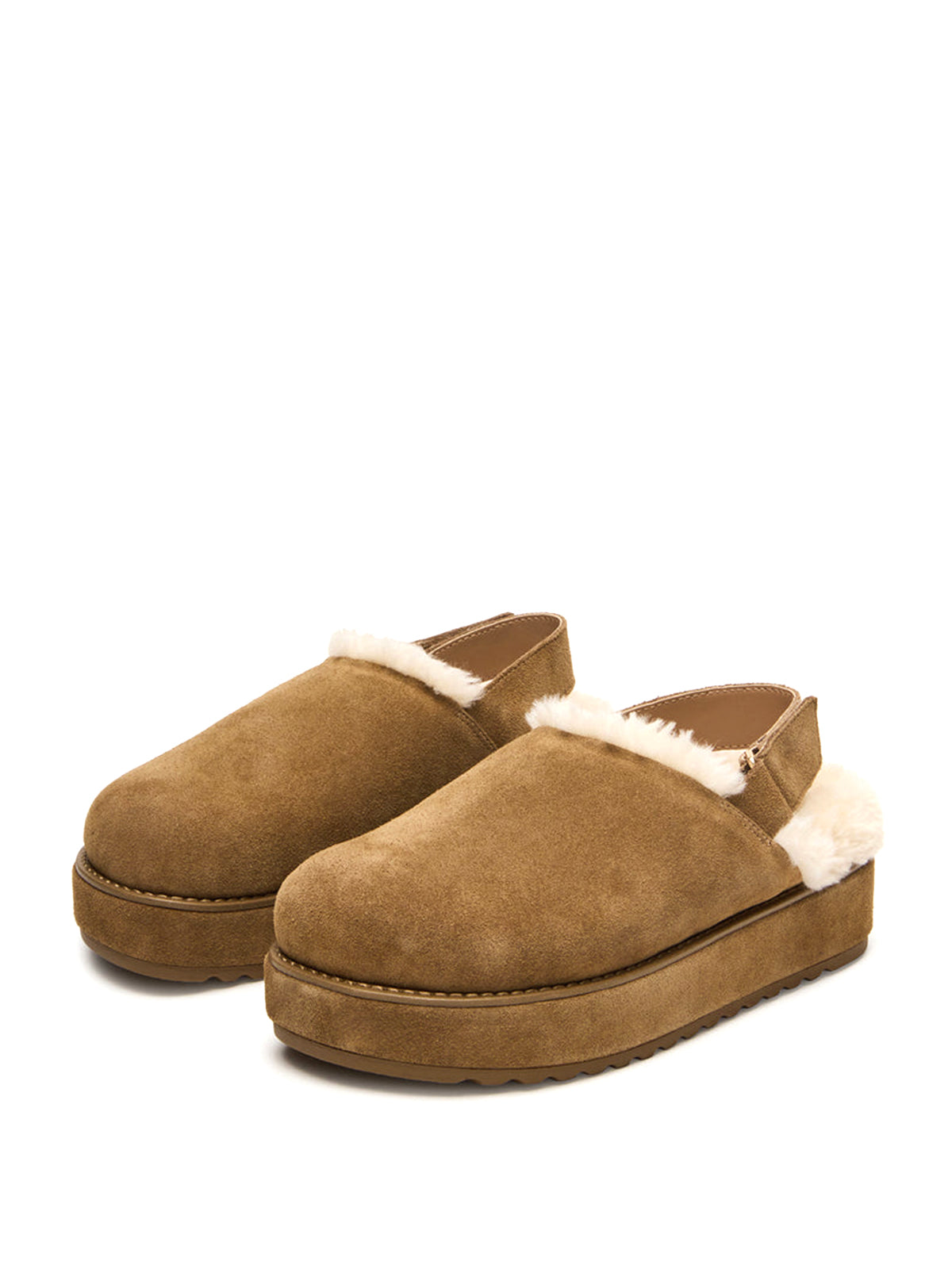 Cognac Faux Suede Round-Toe Slingback Platform Shoes With Faux Fur