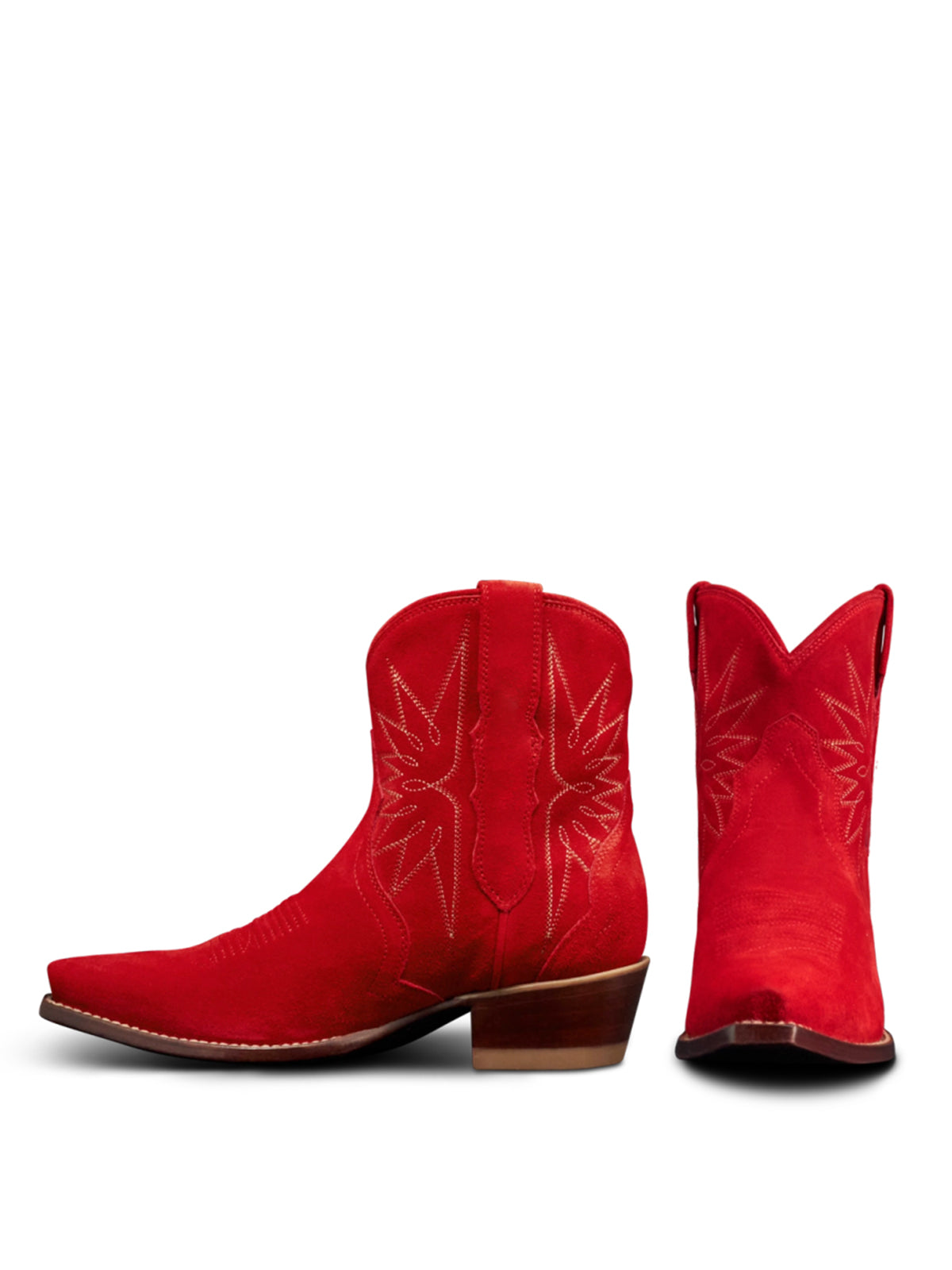 Red Faux Suede Snip-Toe Embroidery Ankle Booties