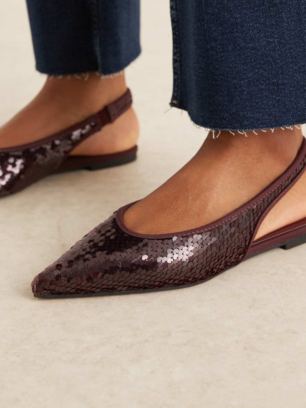 Burgundy Sequin Satin Pointed-Toe Elasticated Slingback Strap Flats