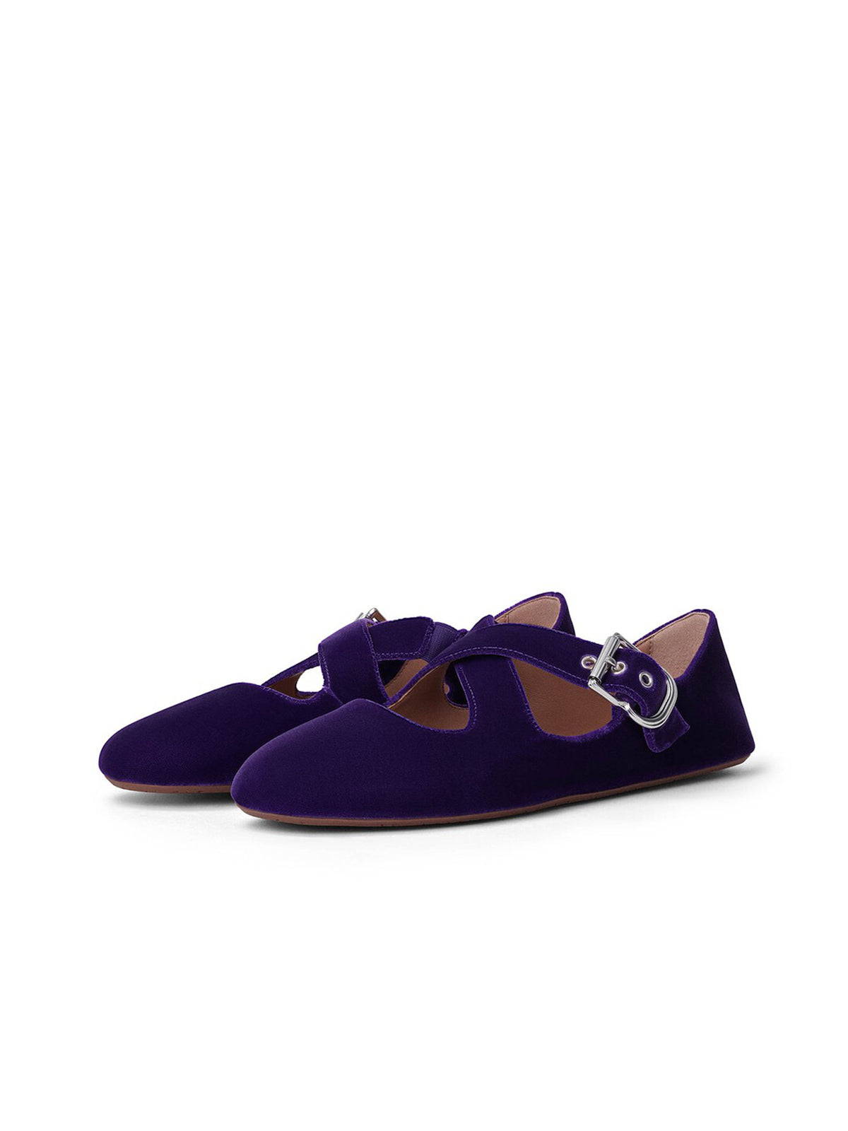 Purple Velvet Round-Toe Criss Cross Strap Ballet Flats