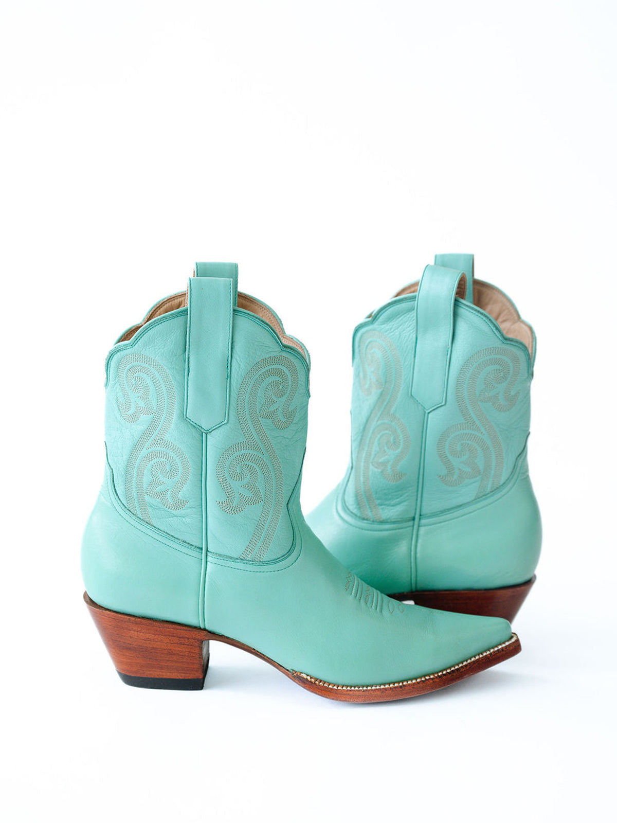 Green Almond-Toe Embroidery Ankle Booties
