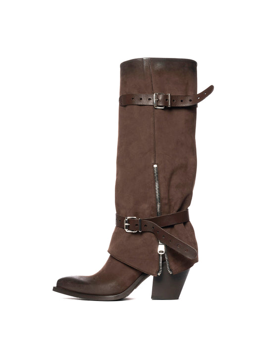 Brown Faux Suede Snip-Toe Bottom Zipper Fold-Over Buckle Knee High Cowgirl Boots