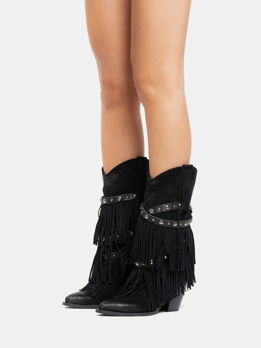 Black Faux Suede Snip-Toe Studded Straps Fringe Mid Calf Cowgirl Boots