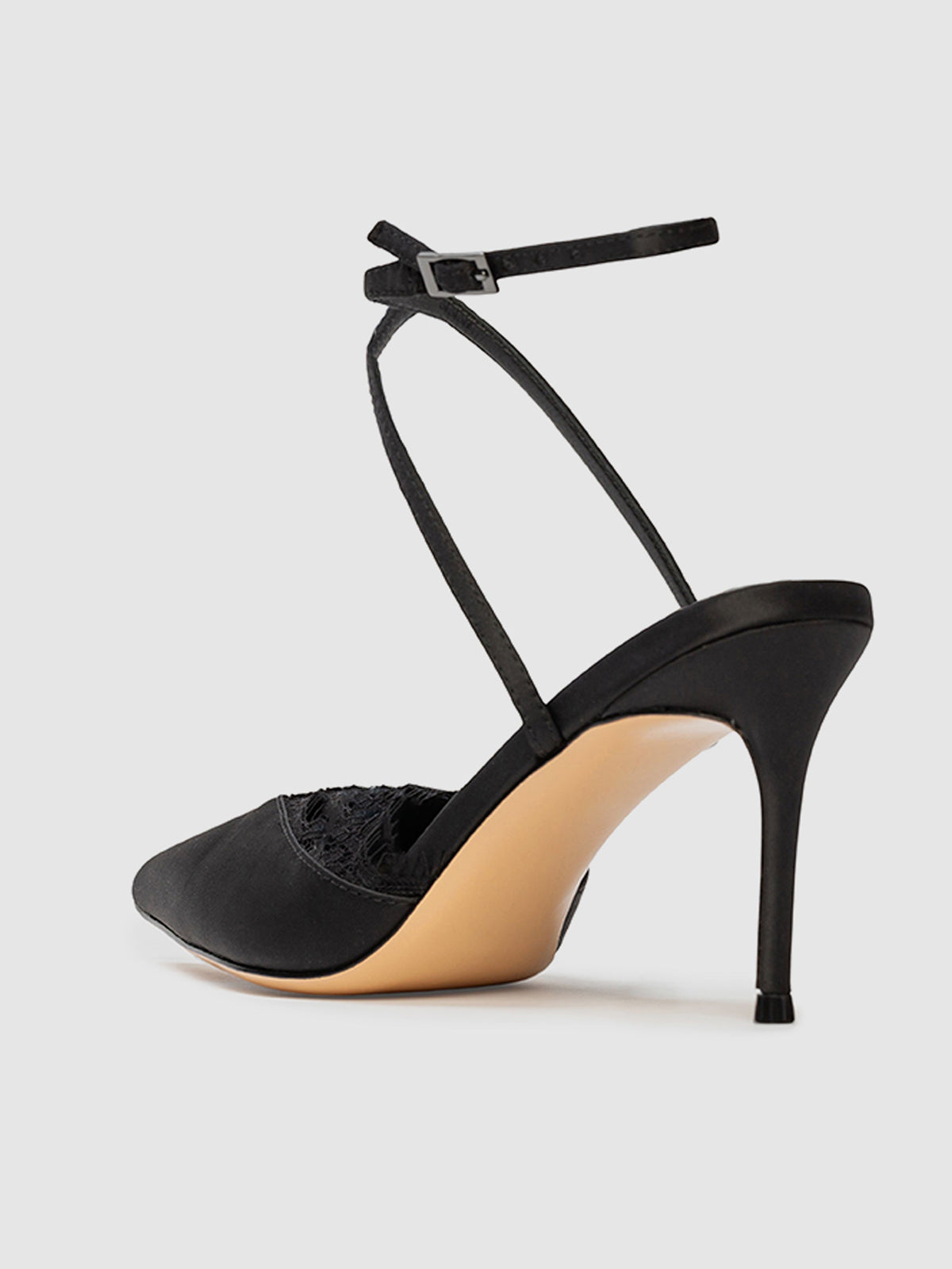 Black Satin Pointed-Toe Lace Upper Ankle Strap High Heels