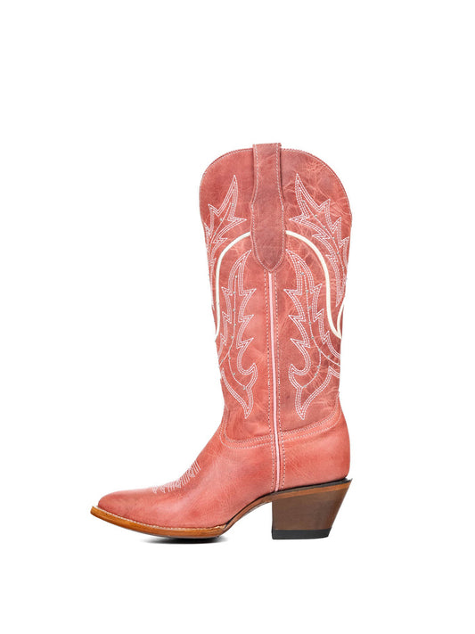 Pink Almond-Toe Embroidery With Studs Half-Zip Mid Calf Cowgirl Boots