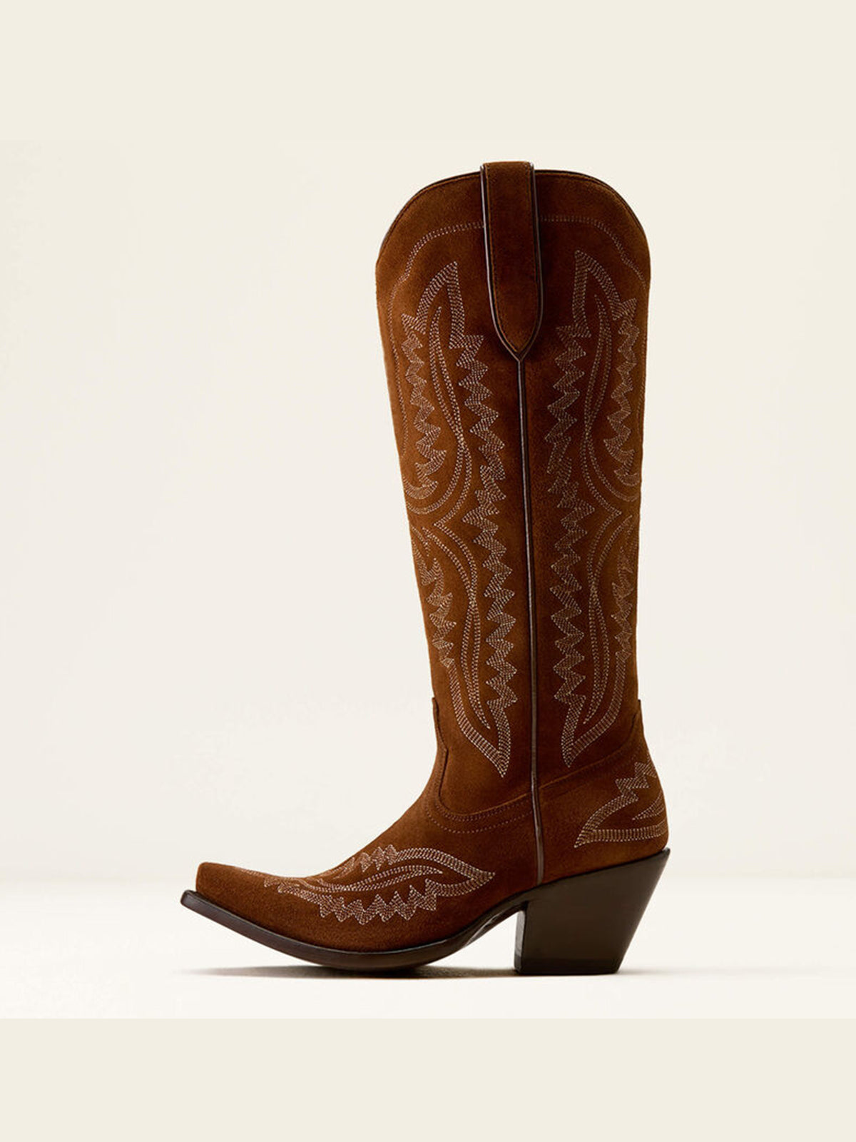 Western Embroidery Tall Snip-Toe Half-Zip Knee High Cowgirl Boots - Dark Tan Faux Suede