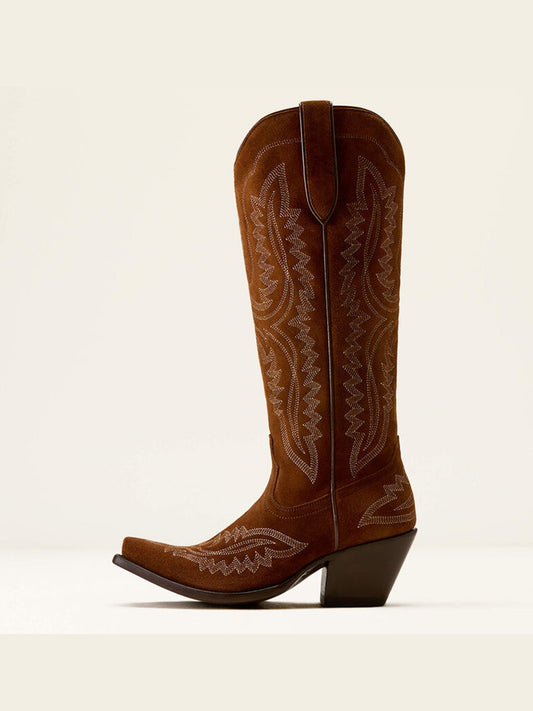 Western Embroidery Tall Snip-Toe Half-Zip Knee High Cowgirl Boots - Dark Tan Faux Suede
