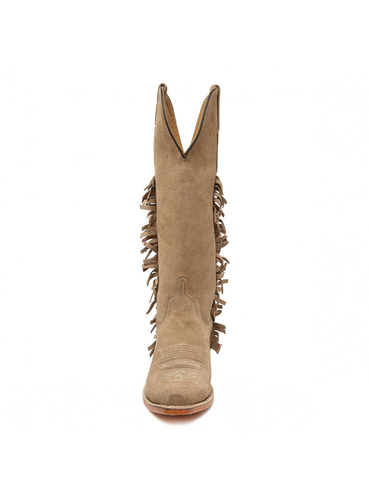 Tan Faux Suede Snip-Toe Fringe Western Knee High Cowgirl Boots