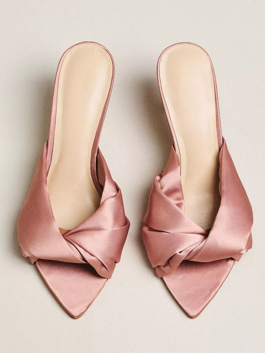 Satin Open Pointed-Toe Front Strap Backless Mules High Heels - Neutral
