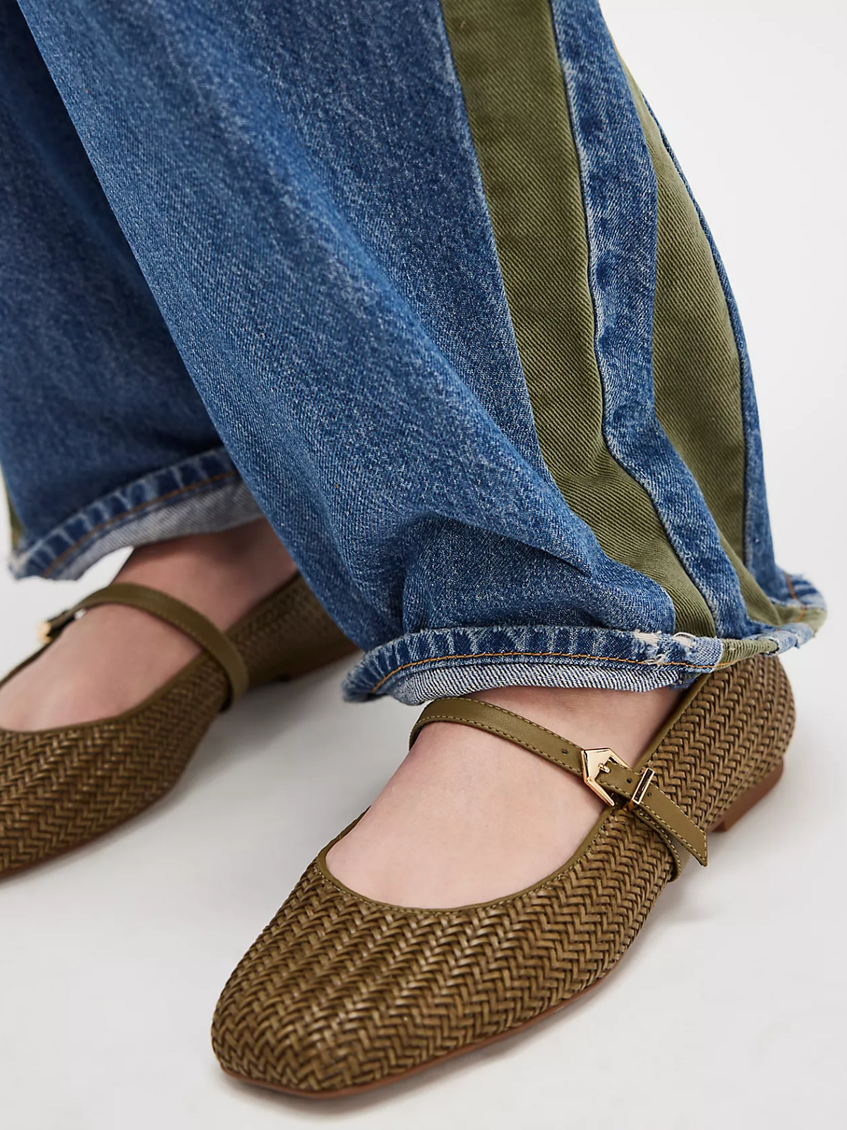 Matcha Woven Vegan Leather Square-Toe Bridge Strap Ballet Flats ...