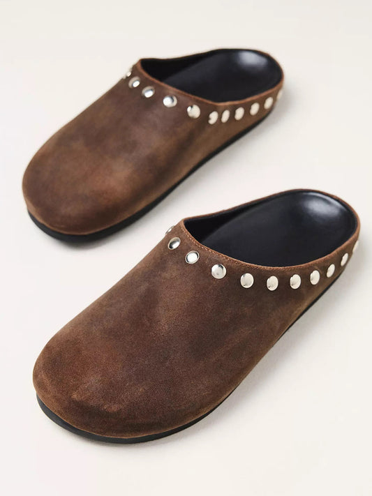Brown Faux Suede Square-Toe Studded Backless Slip-On Flats