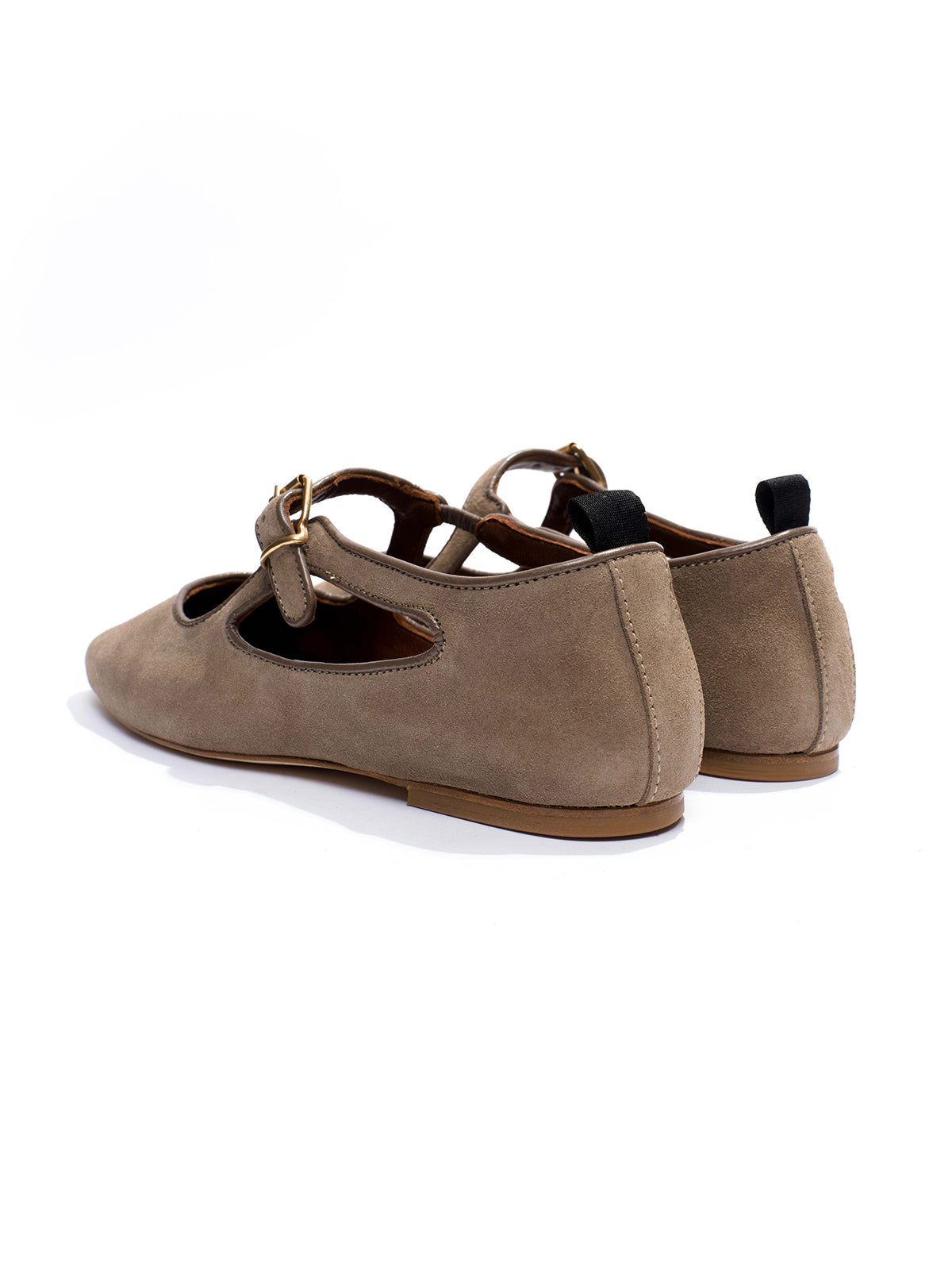 Square-Toe Buckle Strap Chic Flats - Taupe Faux Suede
