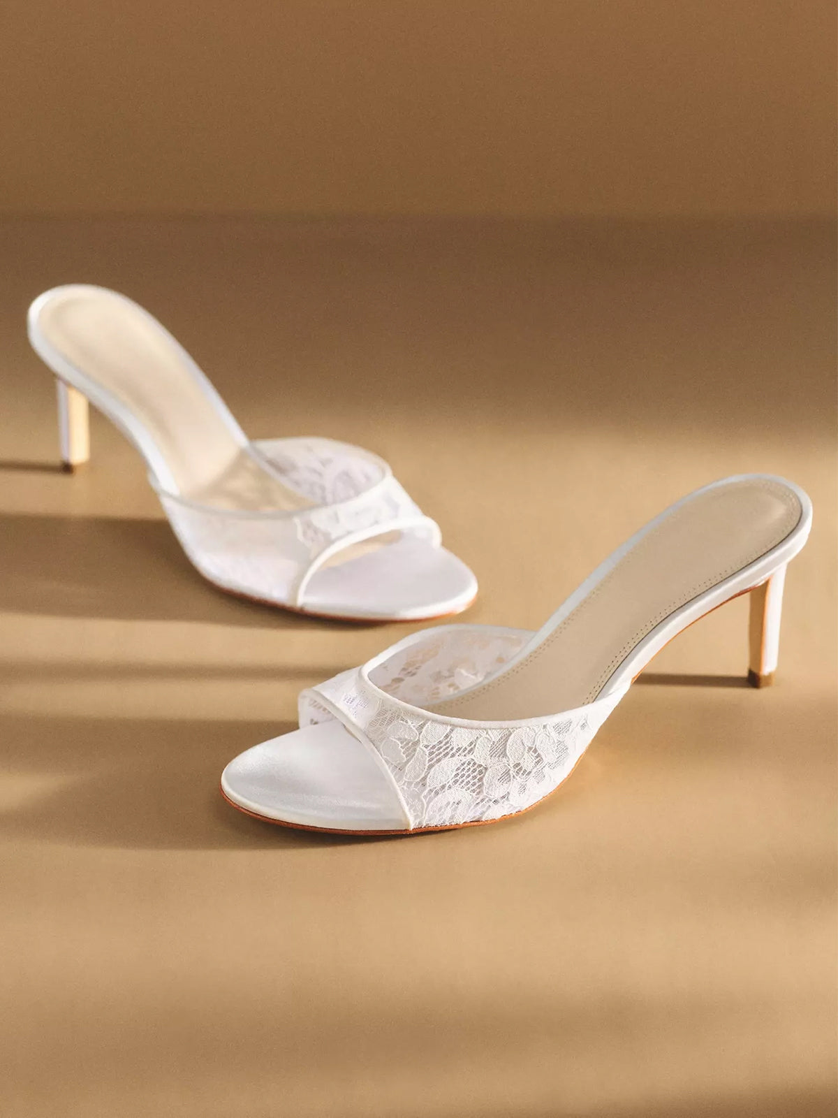 White Lace Mesh Open Round-Toe Slip-On Backless High Heels