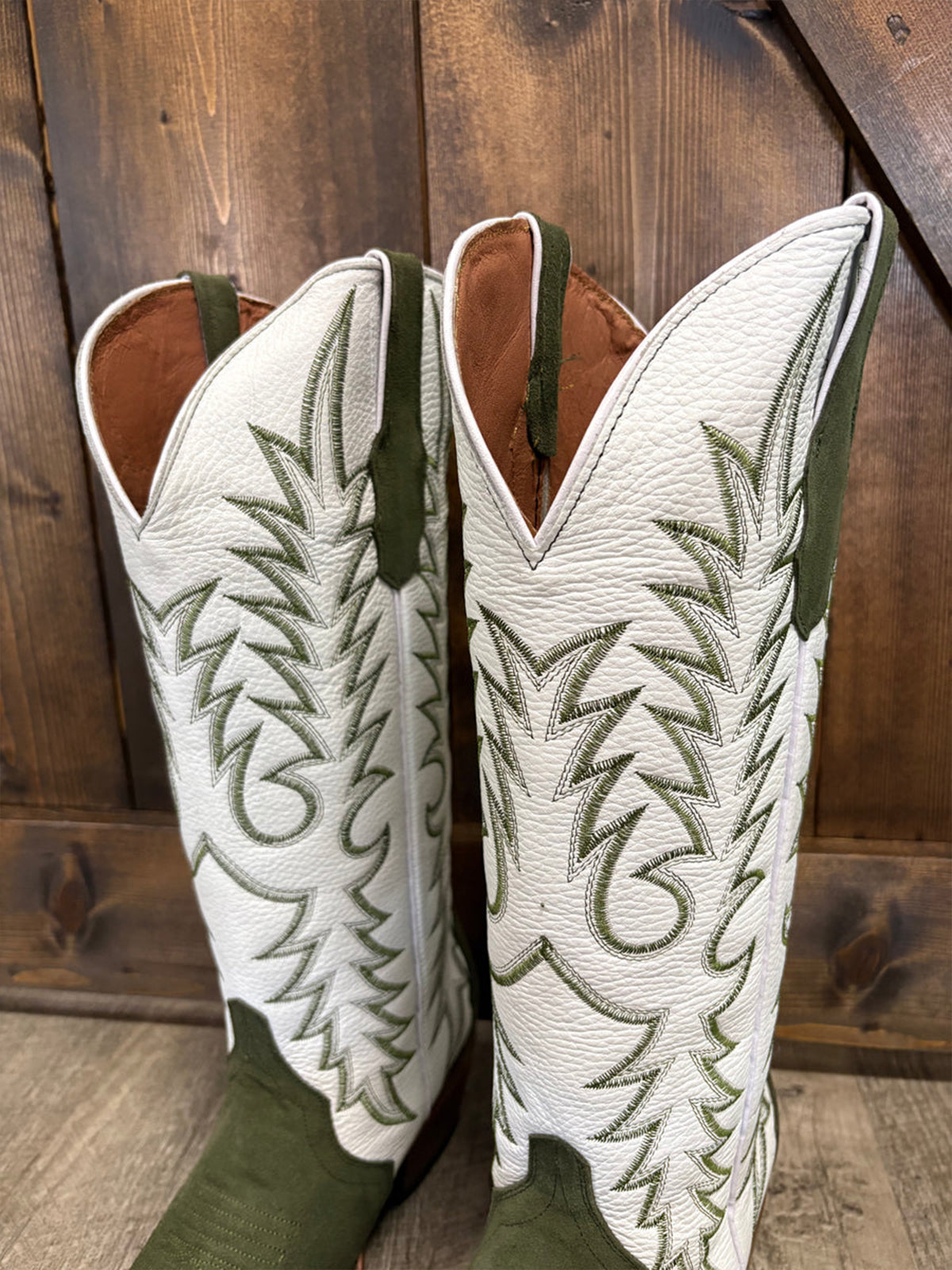 Contrast White And Green Snip-Toe Classic Embroidery Wide Calf Knee High Cowgirl Boots