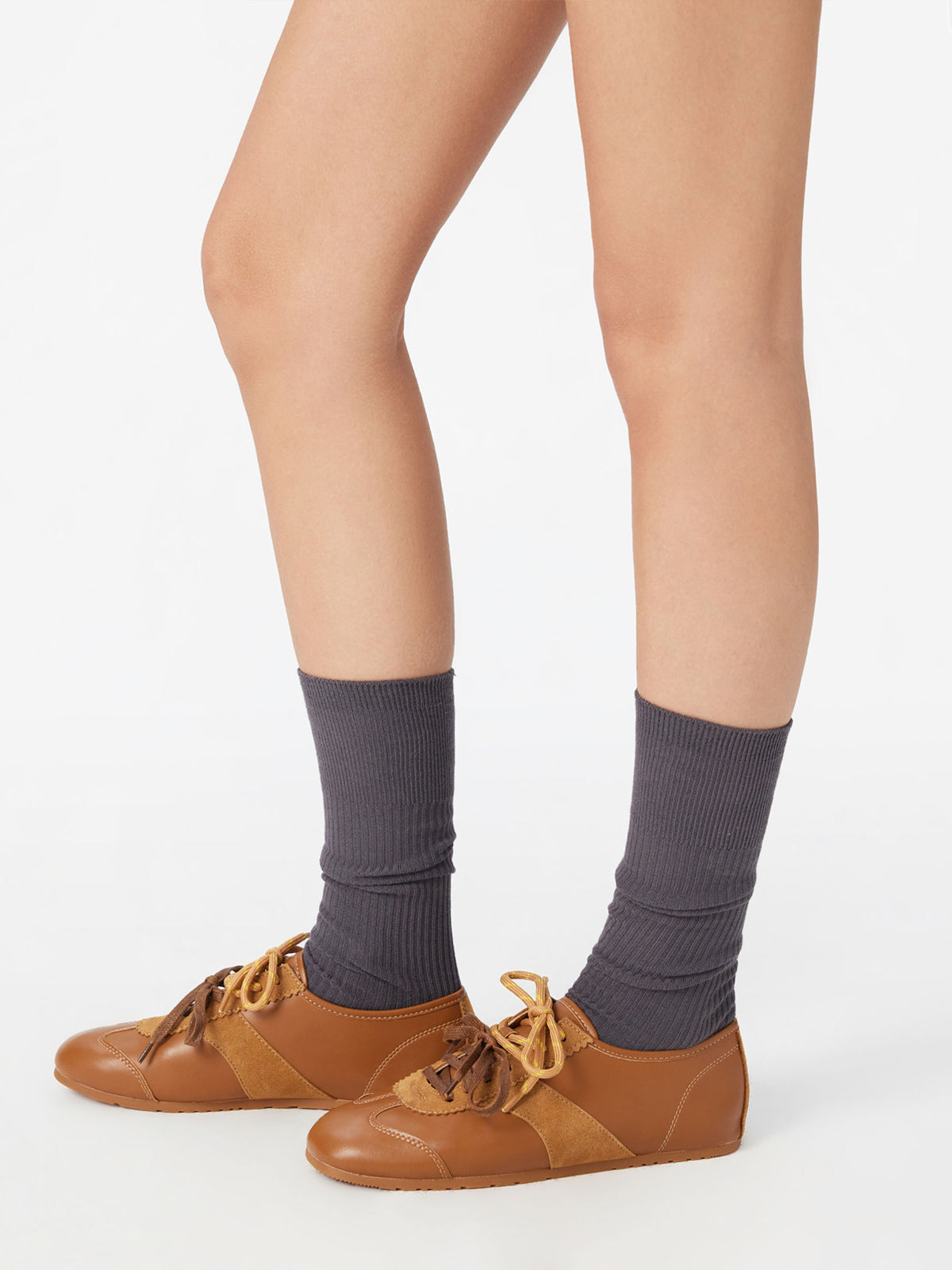 Brown Cow Suede And Cow Leather Square-Toe Lace-Up Flats Sneakers