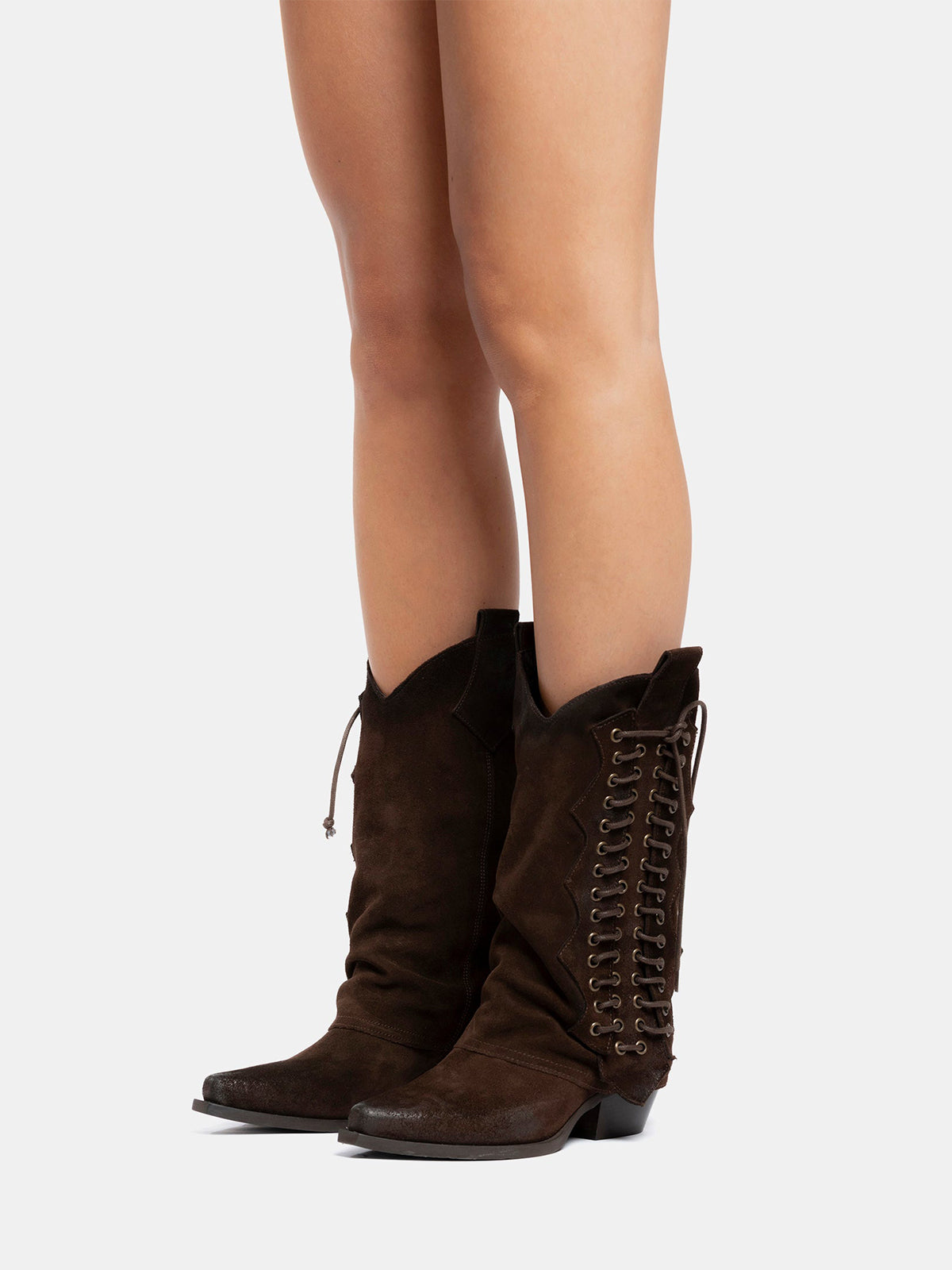 Brown Faux Suede Snip-Toe Side Lace-Up Mid Calf Cowgirl Boots