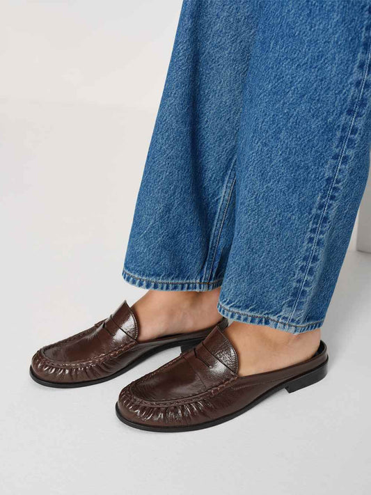 Crinkle Coffee Round-Toe Chic Slip-On Mules Flats
