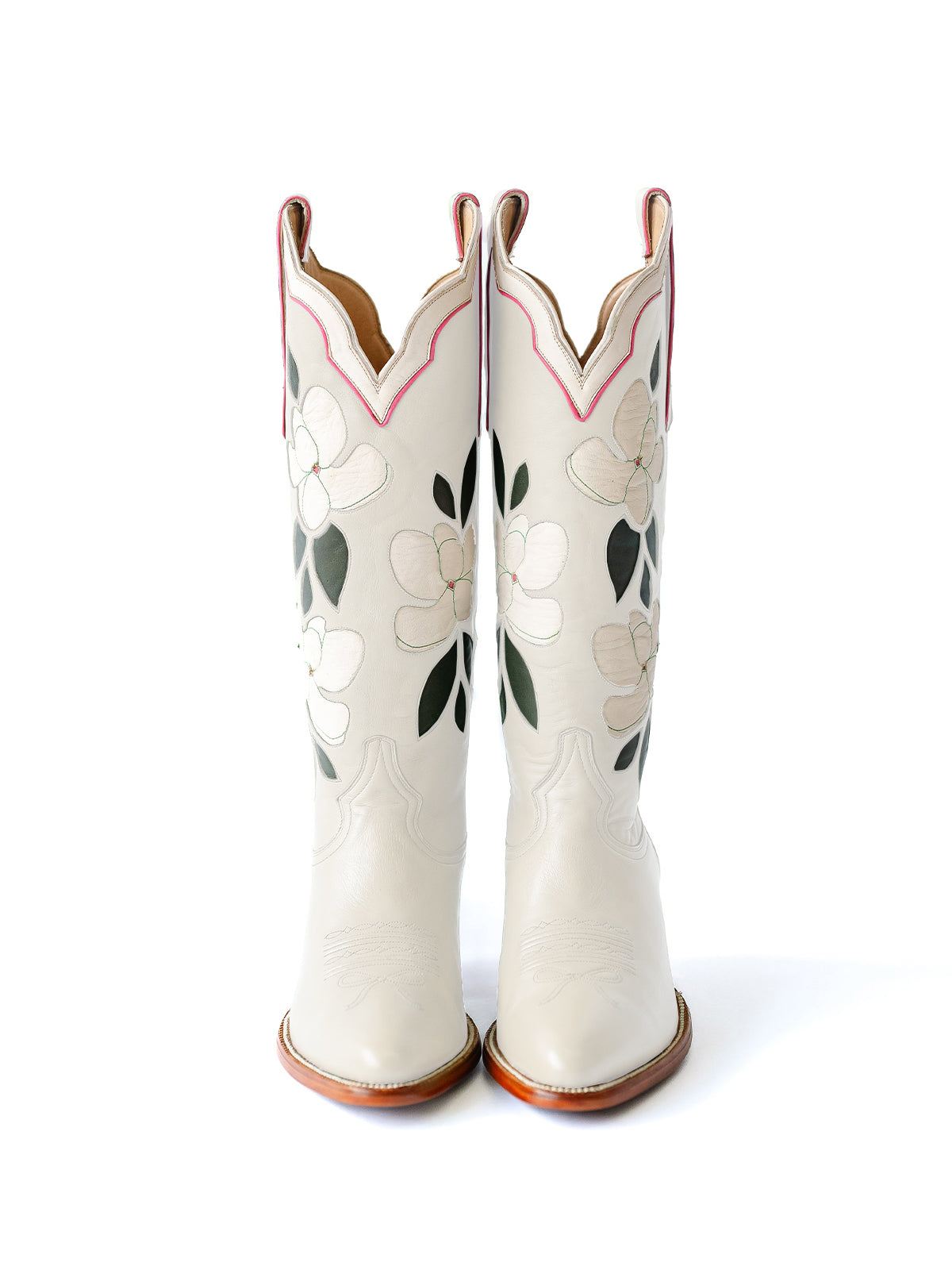 White Almond-Toe White Flower Inlay Wide Calf Knee High Cowgirl Boots