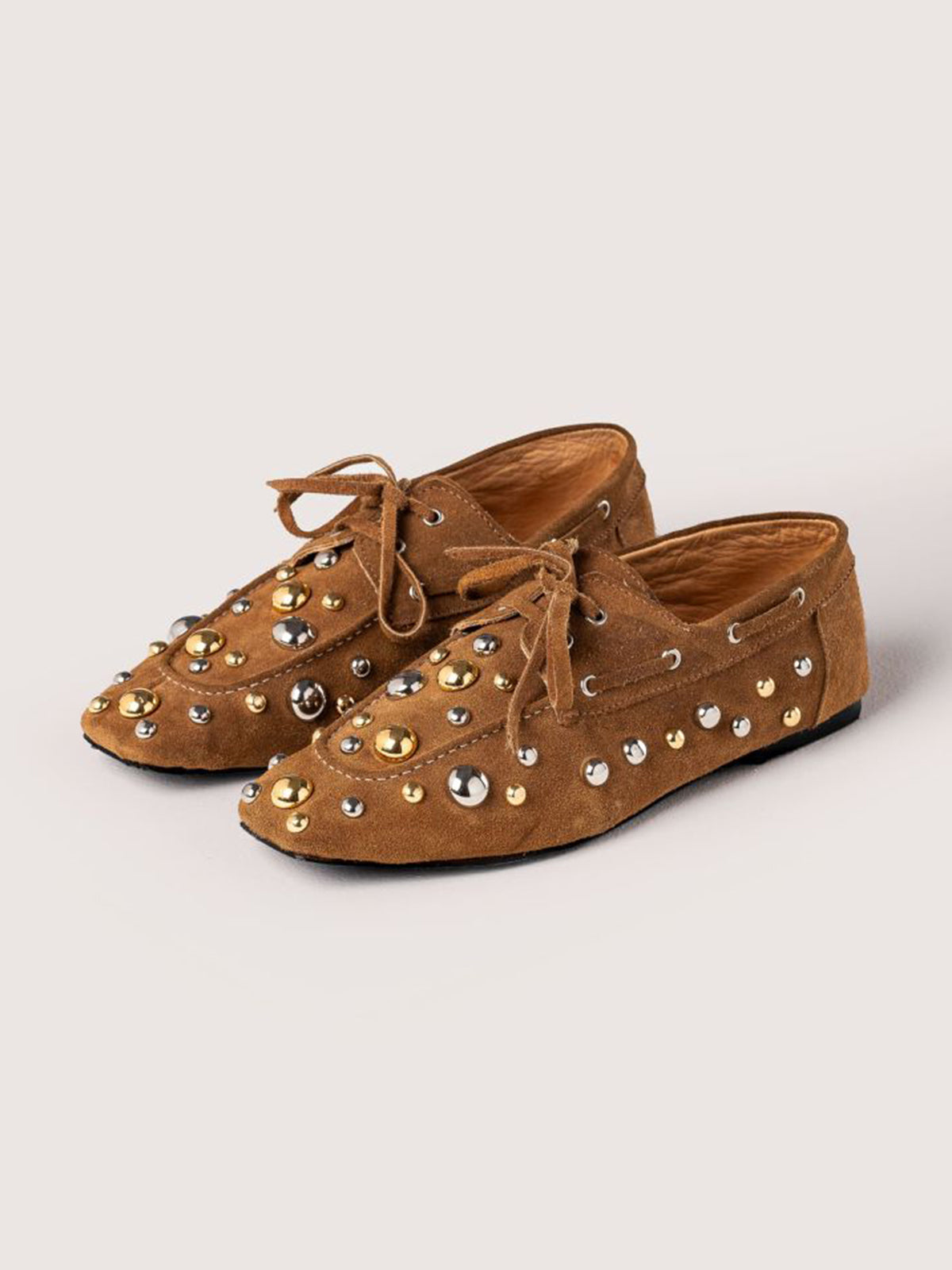 Brown Cow Suede Square-Toe Studs And Bow Flats