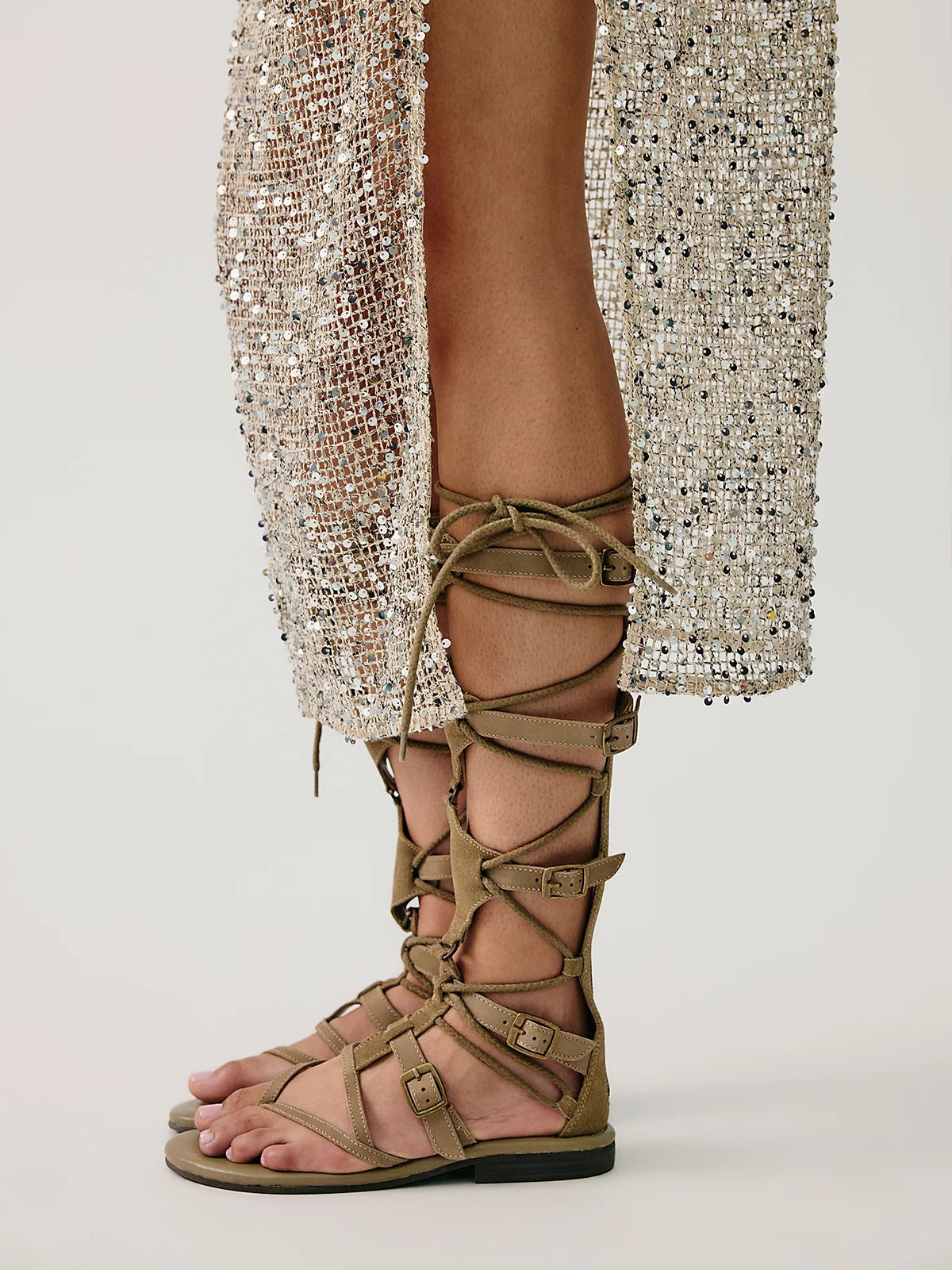 Taupe Square-Toe Back Full-Zip Strappy Tall Gladiator Sandals