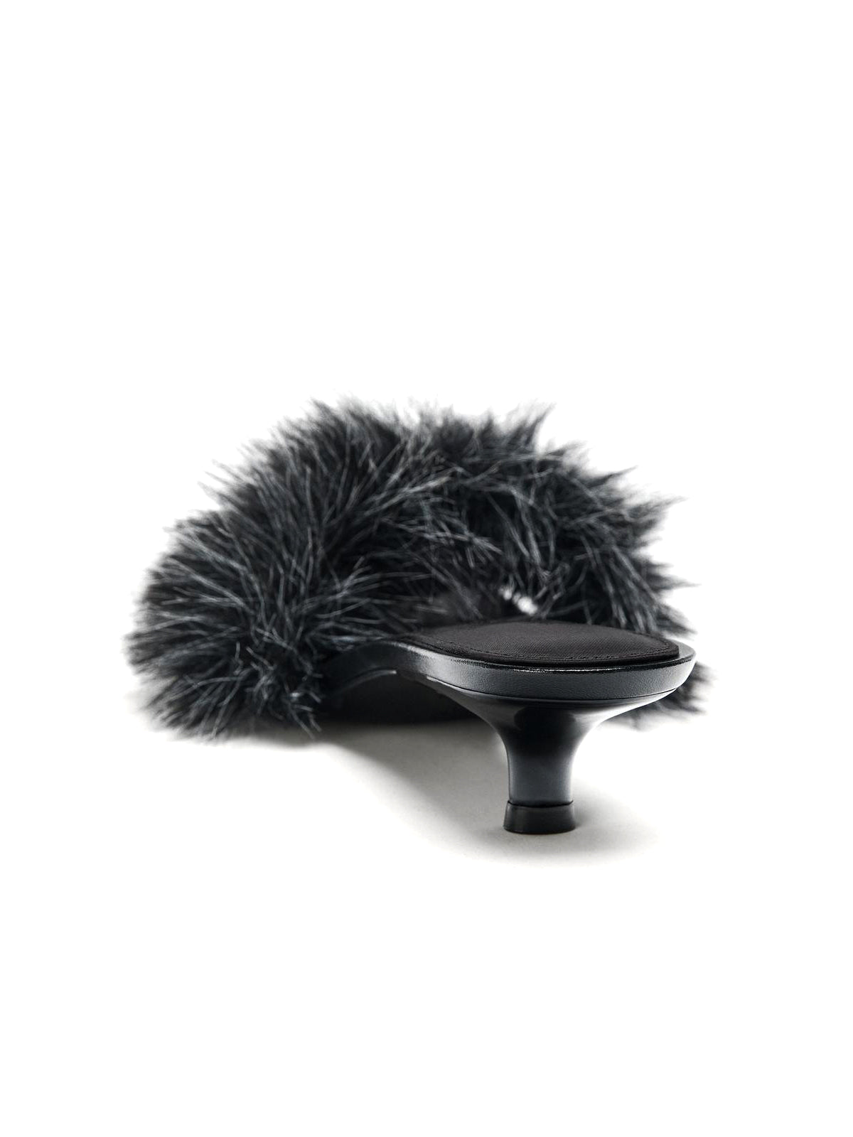 Black Round-Toe Front Plush Backless Kitten Heels