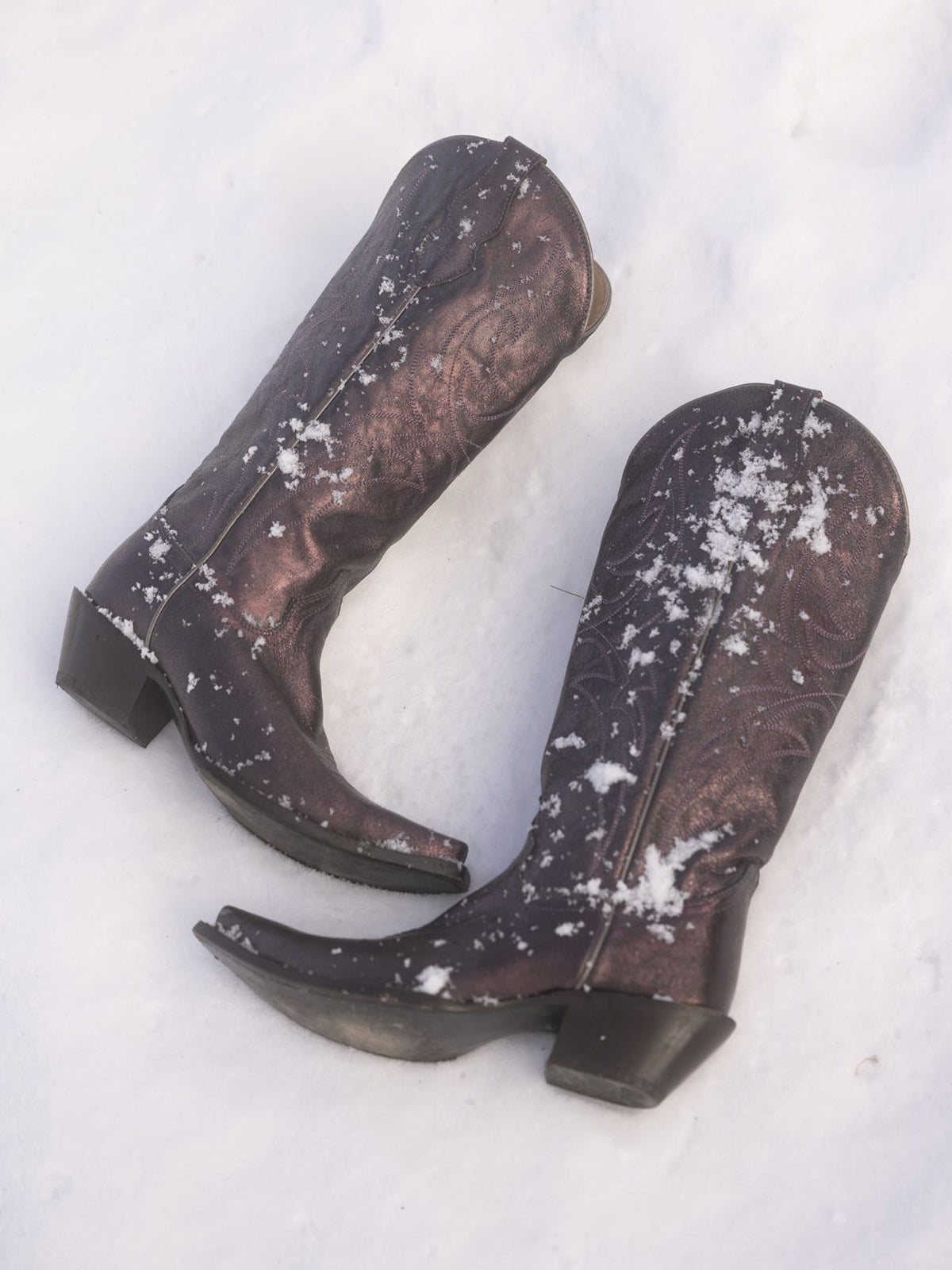 Metallic Pewter Snip-Toe Embroidery Wide Calf Knee High Cowgirl Boots