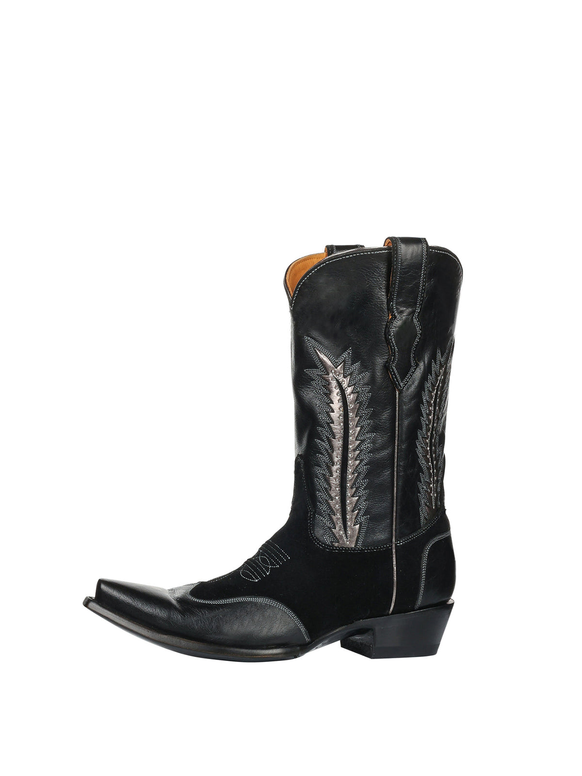 Черни каубойски ботуши с къси пръсти и металически инкрустации с капси, половин цип и до средата на прасеца