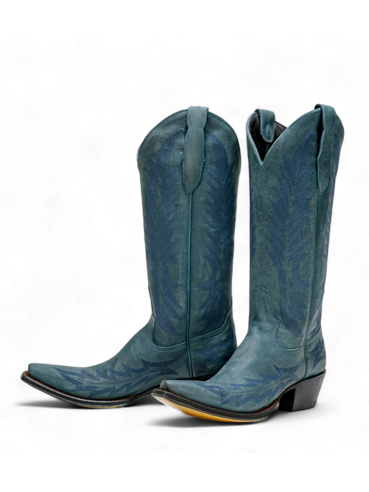 Turquoise Snip-Toe Wide Calf Embroidery Knee High Cowgirl Boots