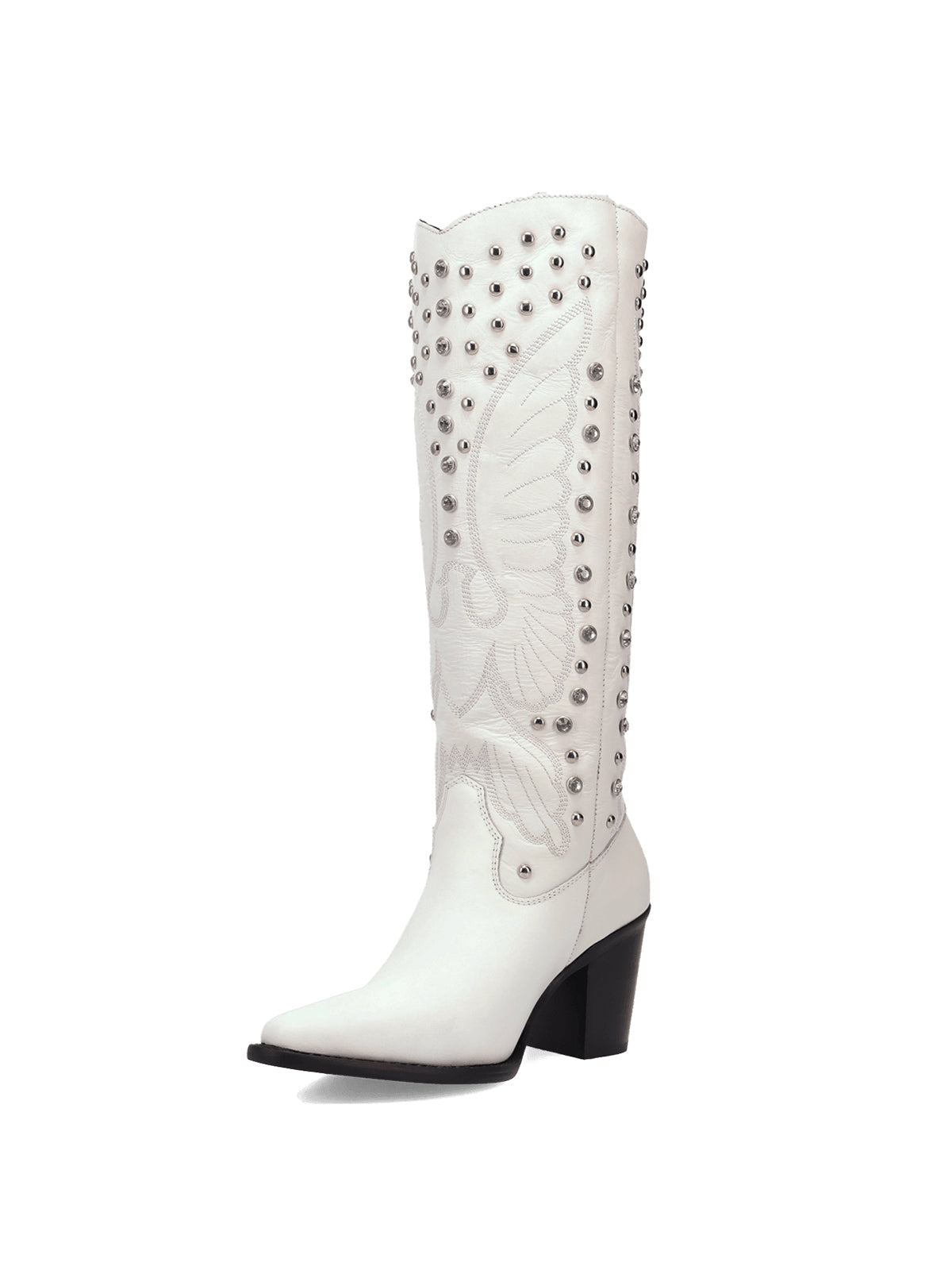 White Snip-Toe Big Bird Embroidery And Studs Wide Calf Knee High Cowgirl Boots