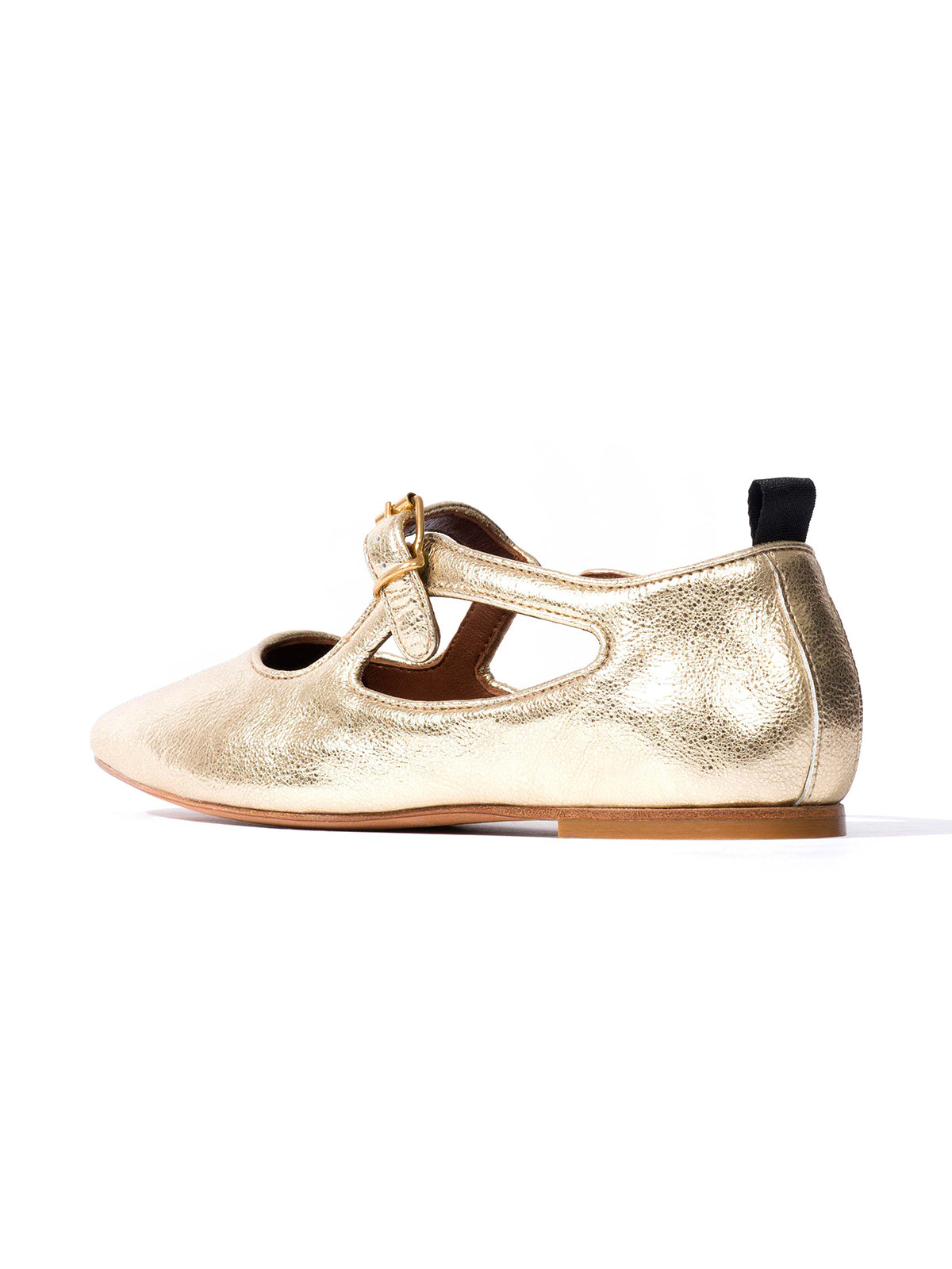 Square-Toe Buckle Strap Chic Flats - Metallic Gold