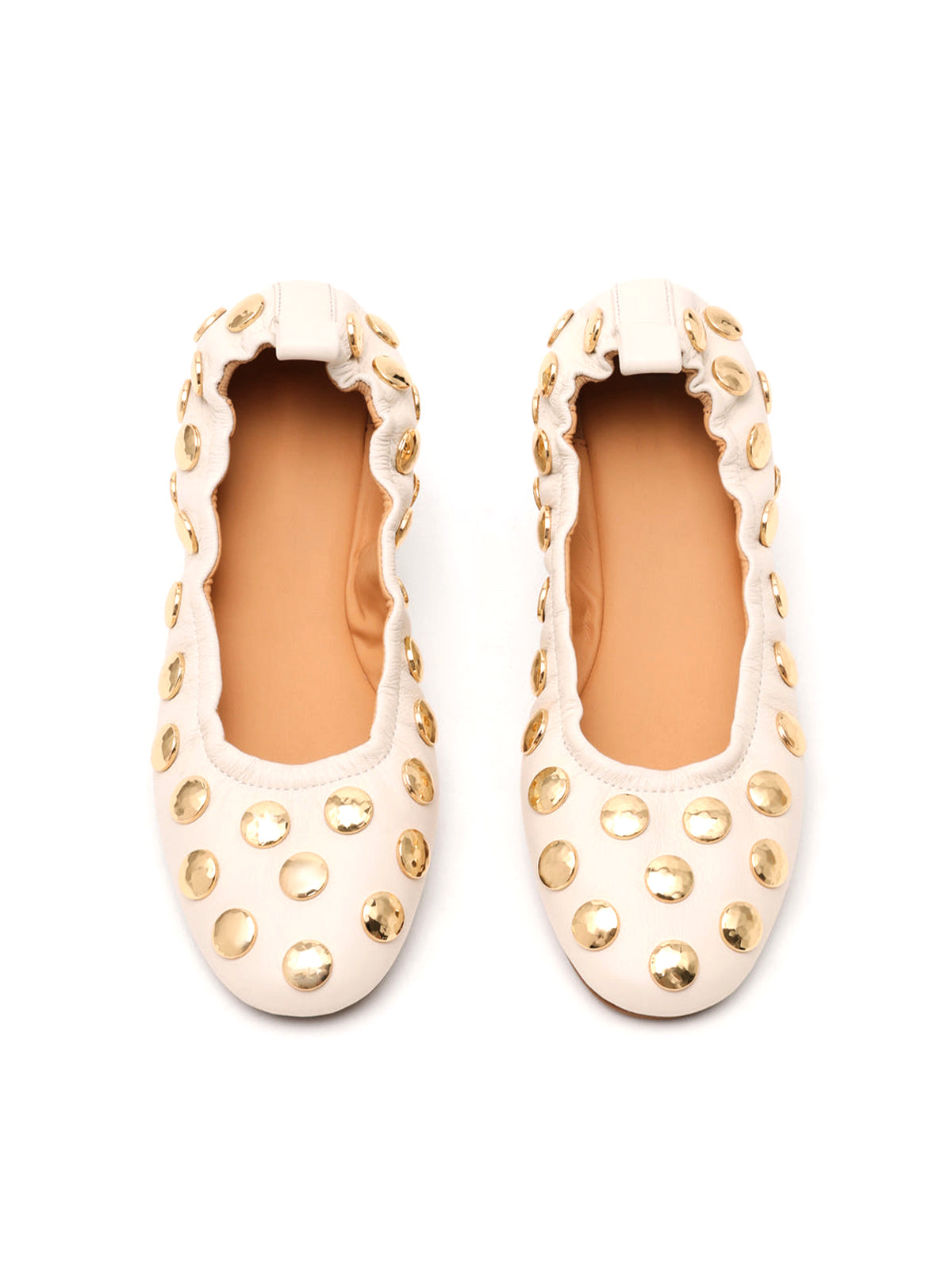 White Round-Toe Gold Studded Slip-On Ballet Flats
