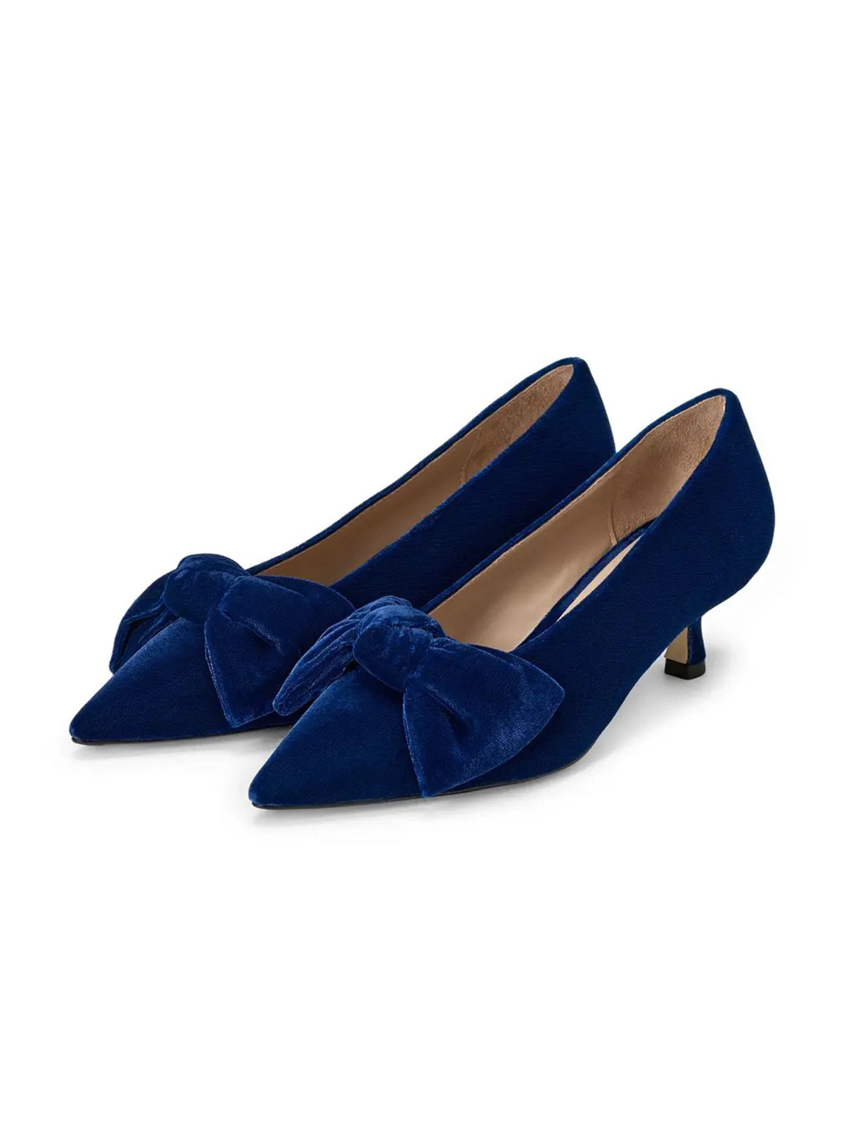 Navy Velvet Pointed-Toe Front Oversized Bow Slip-On Kitten Heels