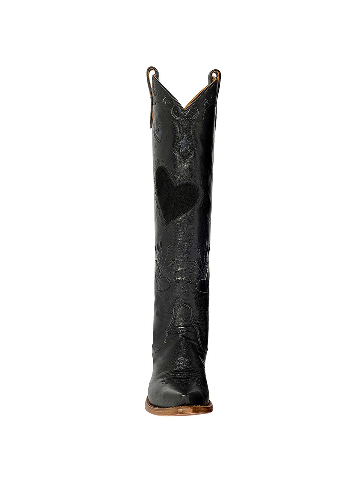 Black Snip-Toe Heart Applique And Inlay Wide Calf Knee High Cowgirl Boots