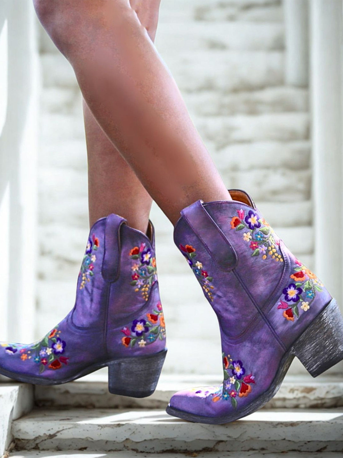 Violet Purple Round-Toe Colorful Florals Ankle Cowgirl Boots