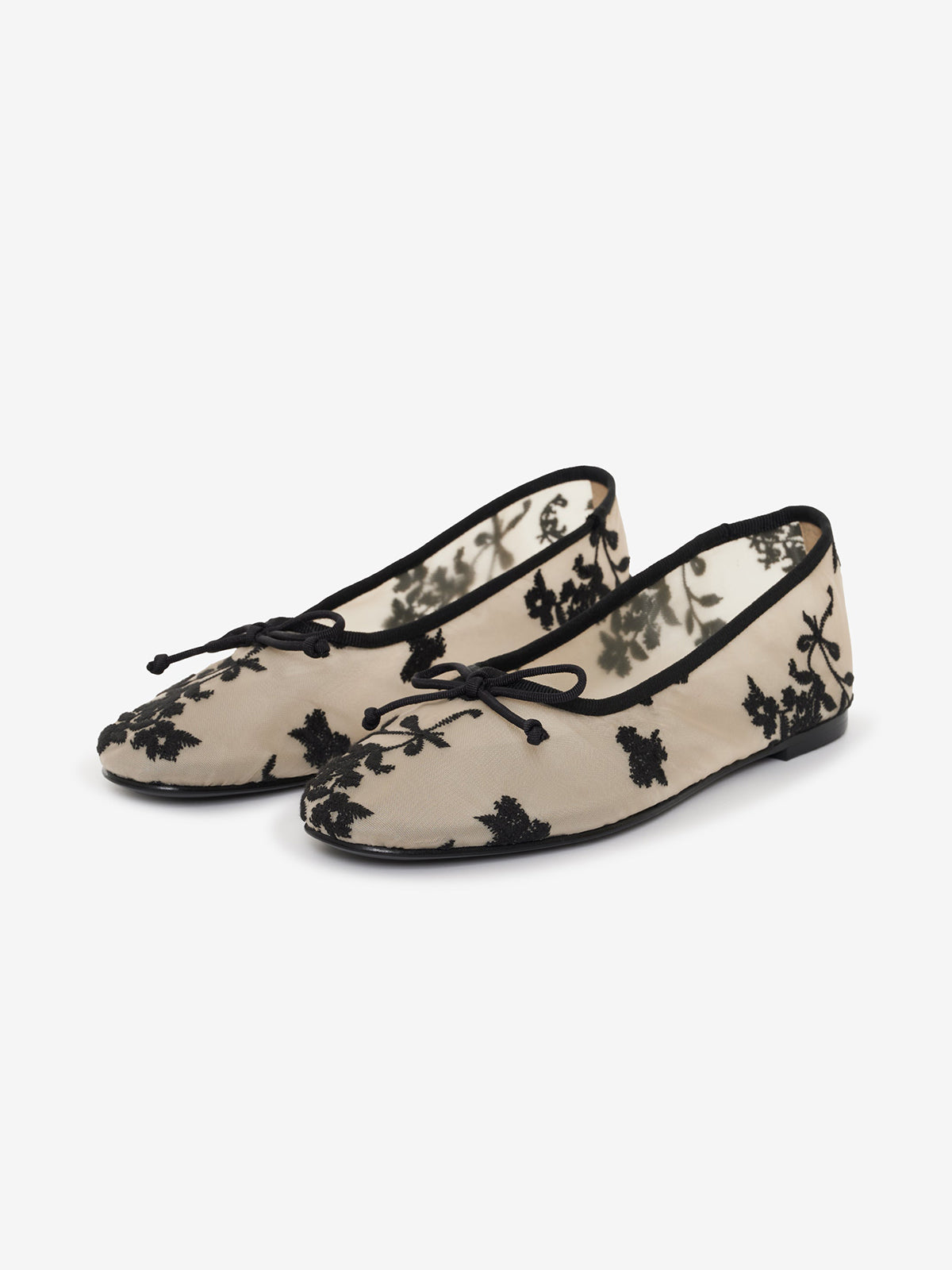 Black Mesh Round-Toe Floral Embroidery Bow Ballet Flats