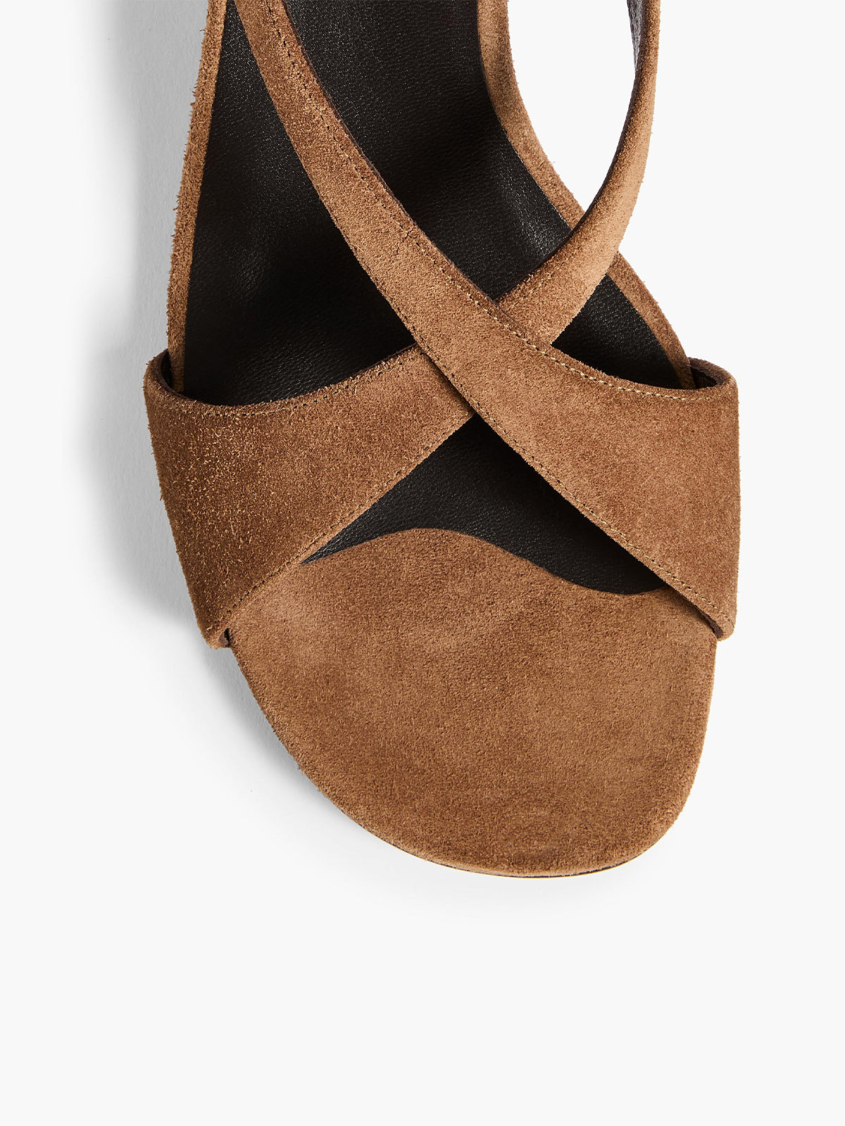 Brown Faux Suede Square-Toe Crossed Straps Back And Ankle Strap Kitten Heels