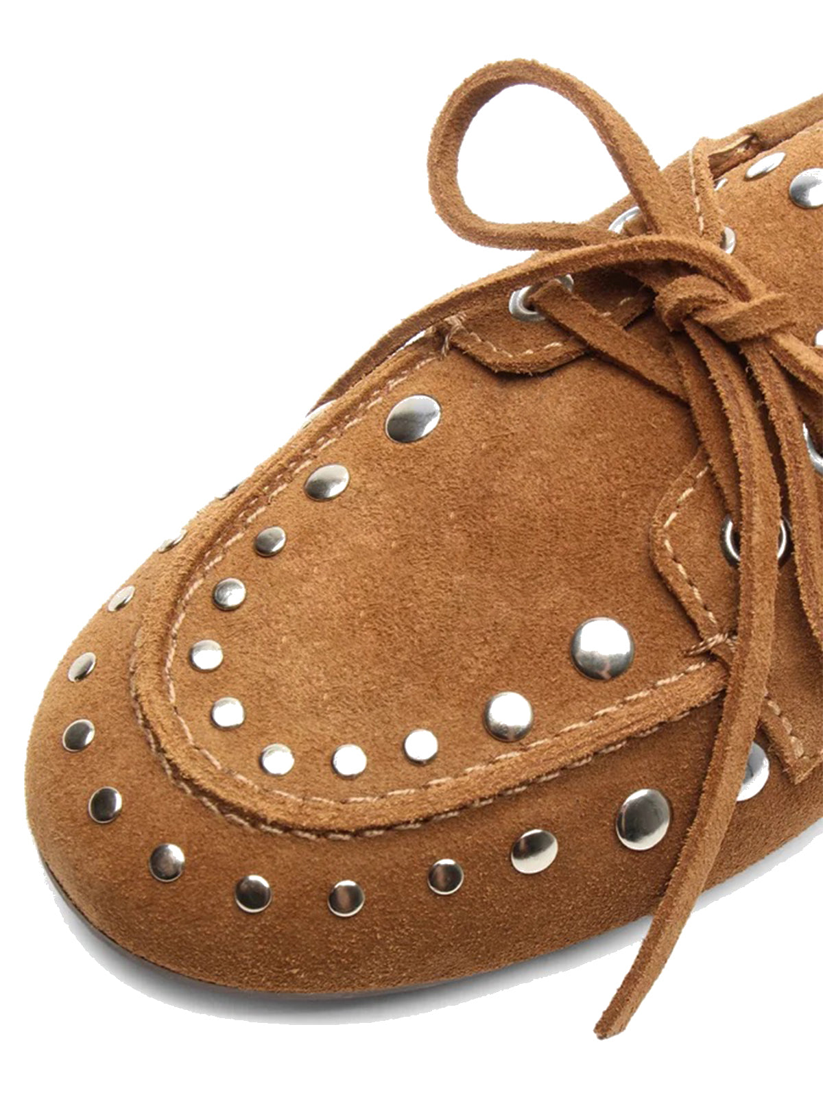 Caramel Faux Suede Round-Toe Studs And Bow Classic Boat Shoes Flats
