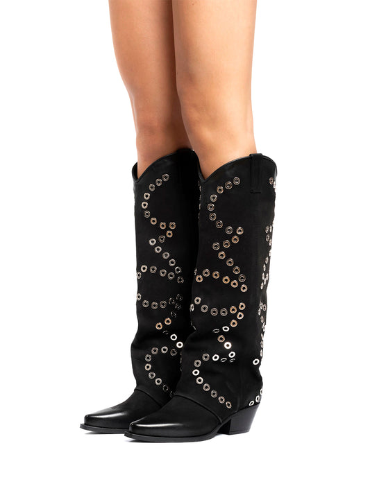 Black Faux Suede Snip-Toe Eyelet Wide Calf Knee High Cowgirl Boots