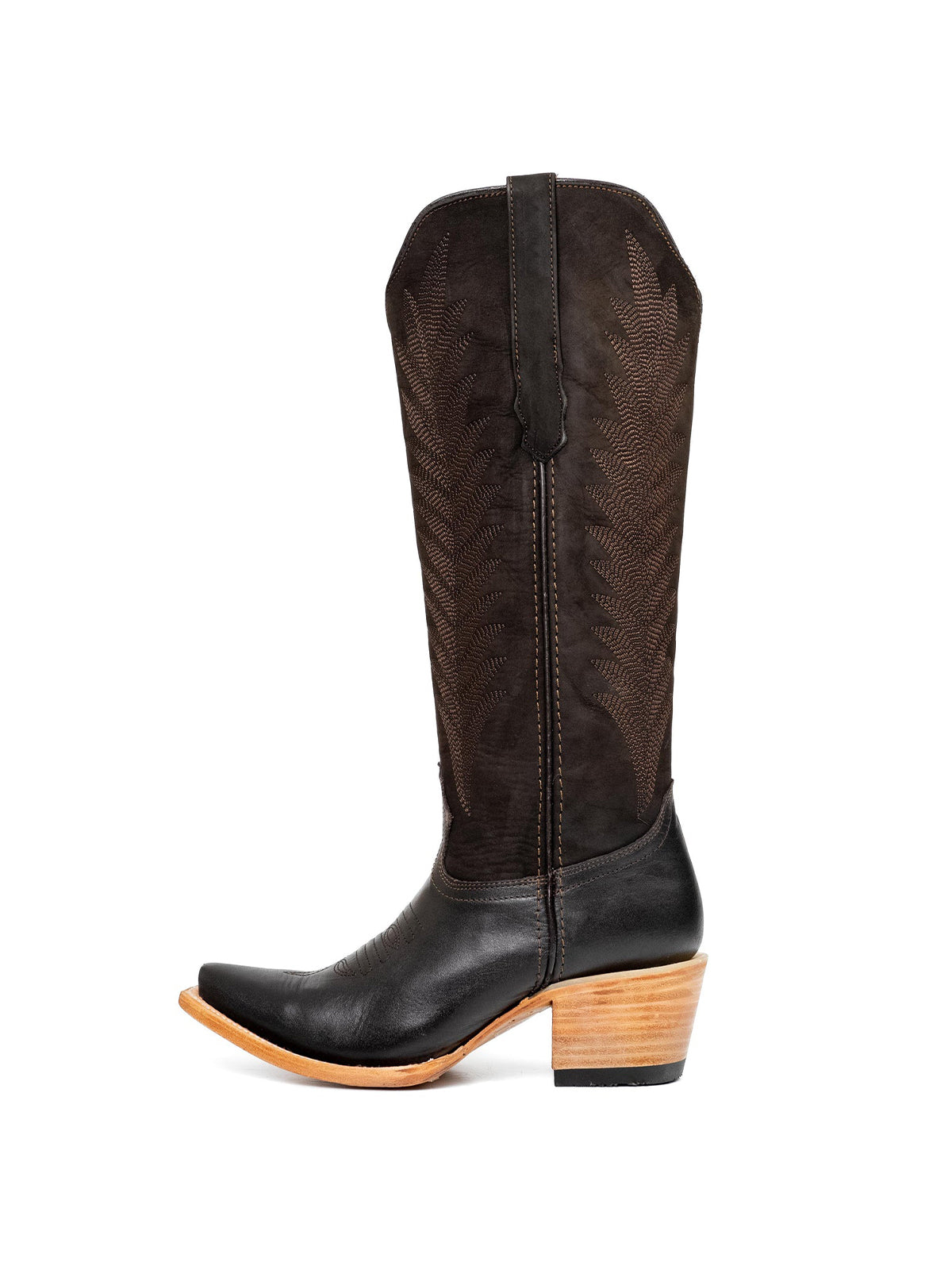 Brown Faux Suede And Vegan Leather Snip-Toe Embroidery Half-Zip Knee High Chic Cowgirl Boots