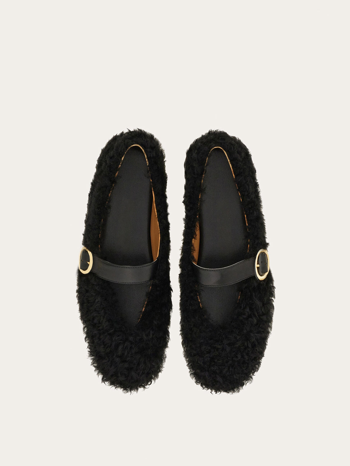 Black Plush Square-Toe Vegan Leather Bridge Strap Ballet Flats