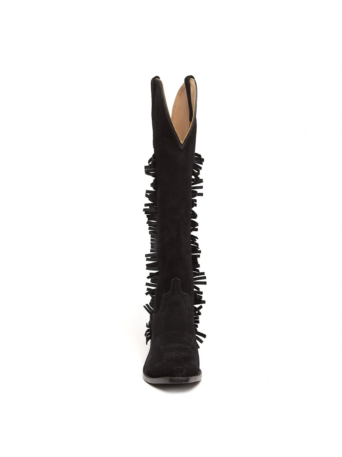 Black Faux Suede Snip-Toe Fringe Western Knee High Cowgirl Boots