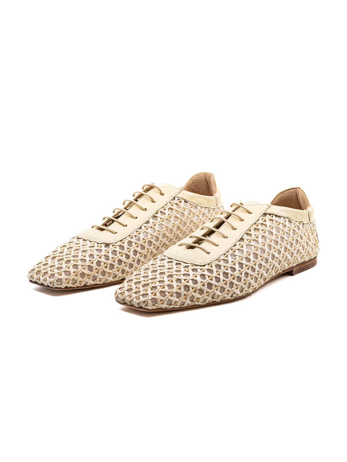 Bone Woven Mesh And Vegan Leather Square-Toe Lace-Up Chic Flats