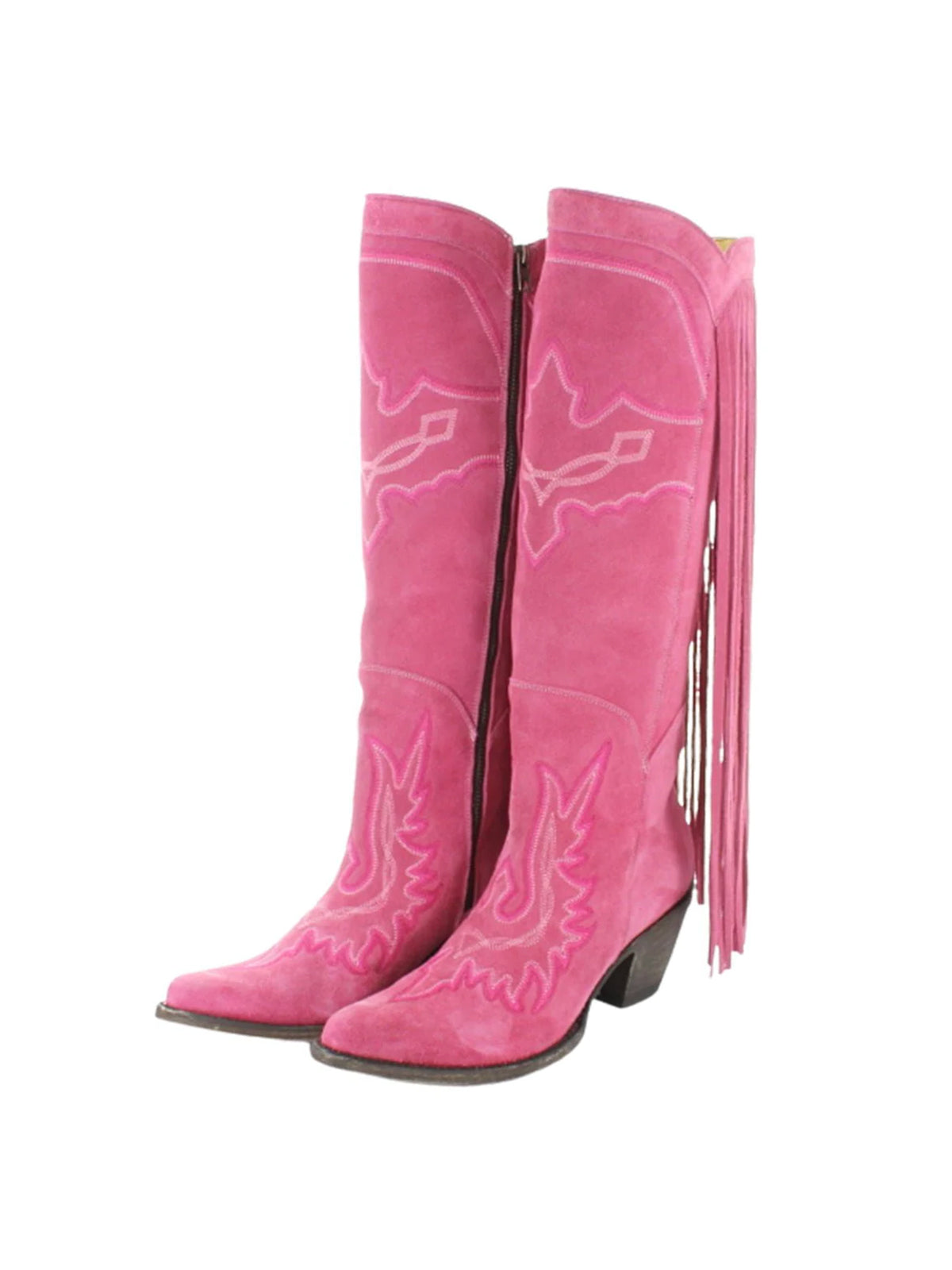 Almond-Toe Faux Suede Fringe Full-Zip Embroidery Knee High Cowgirl Boots - Pink