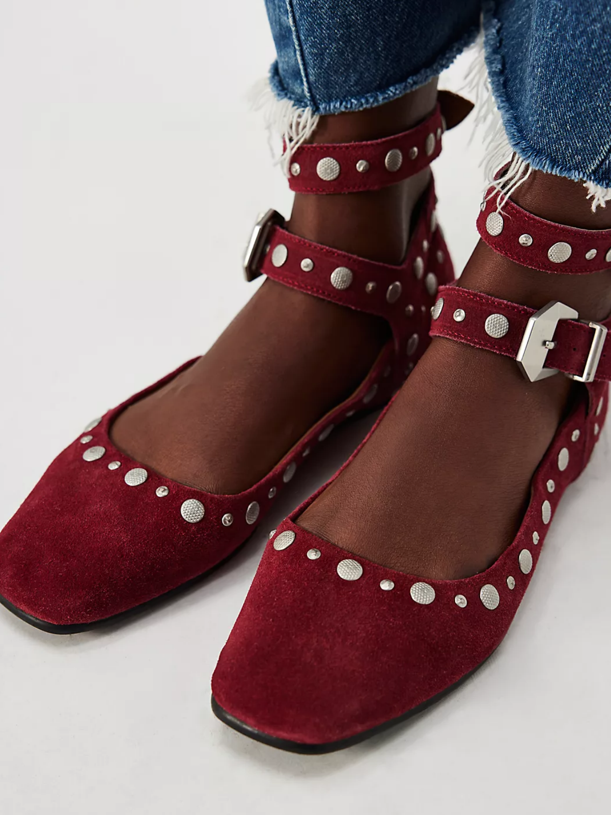 Burgundy Faux Suede Square-Toe Studded Mary Janes Double-Strap Flats