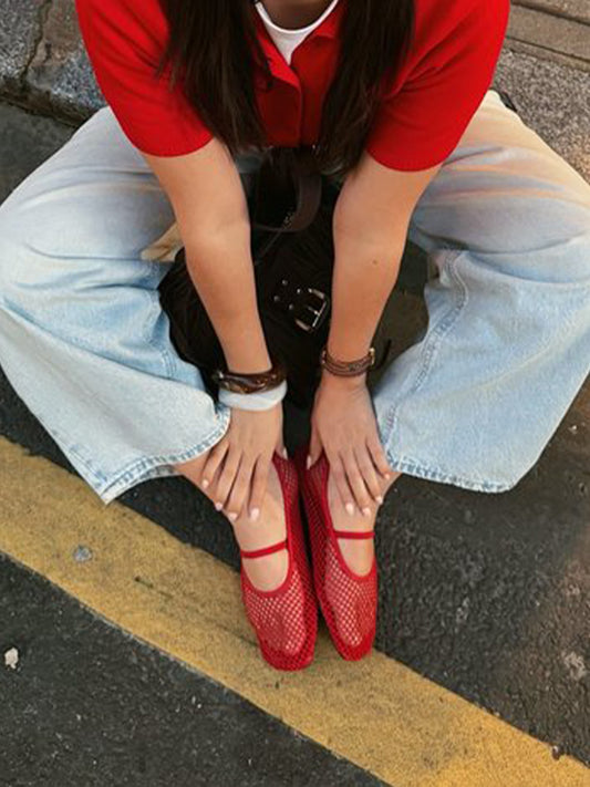 Red Mesh Square-Toe Simple Mary Jane Ballet Flats