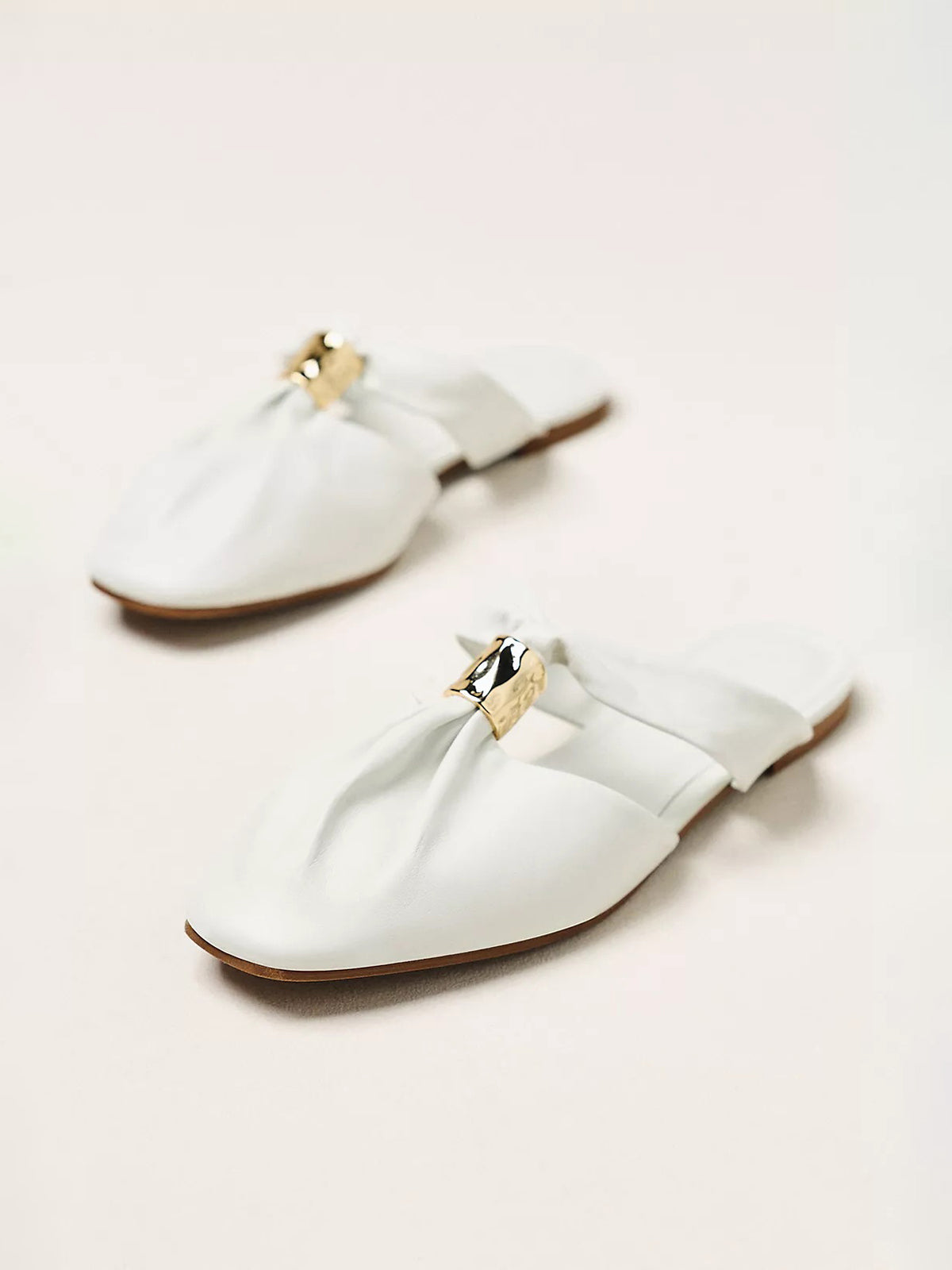 Cream Closed Square-Toe Slip-On Backless Flats