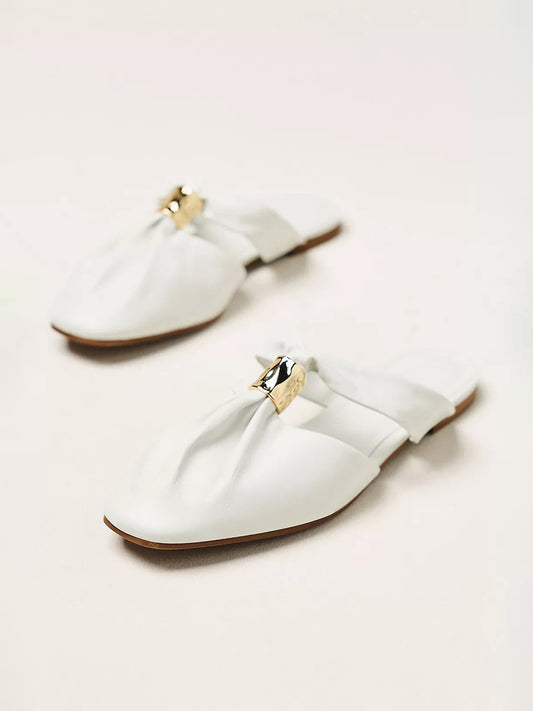 Cream Closed Square-Toe Slip-On Backless Flats