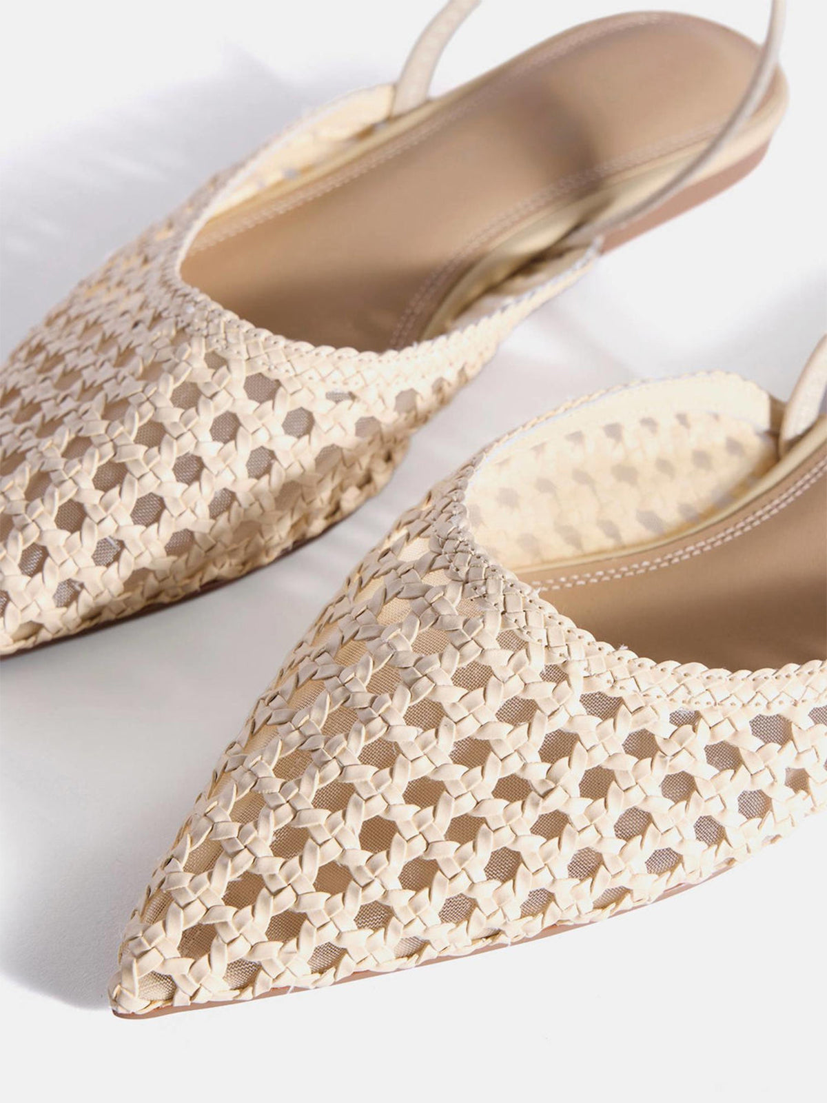 Cream Woven Vegan Leather Pointed-Toe Chic Back Strap Flats